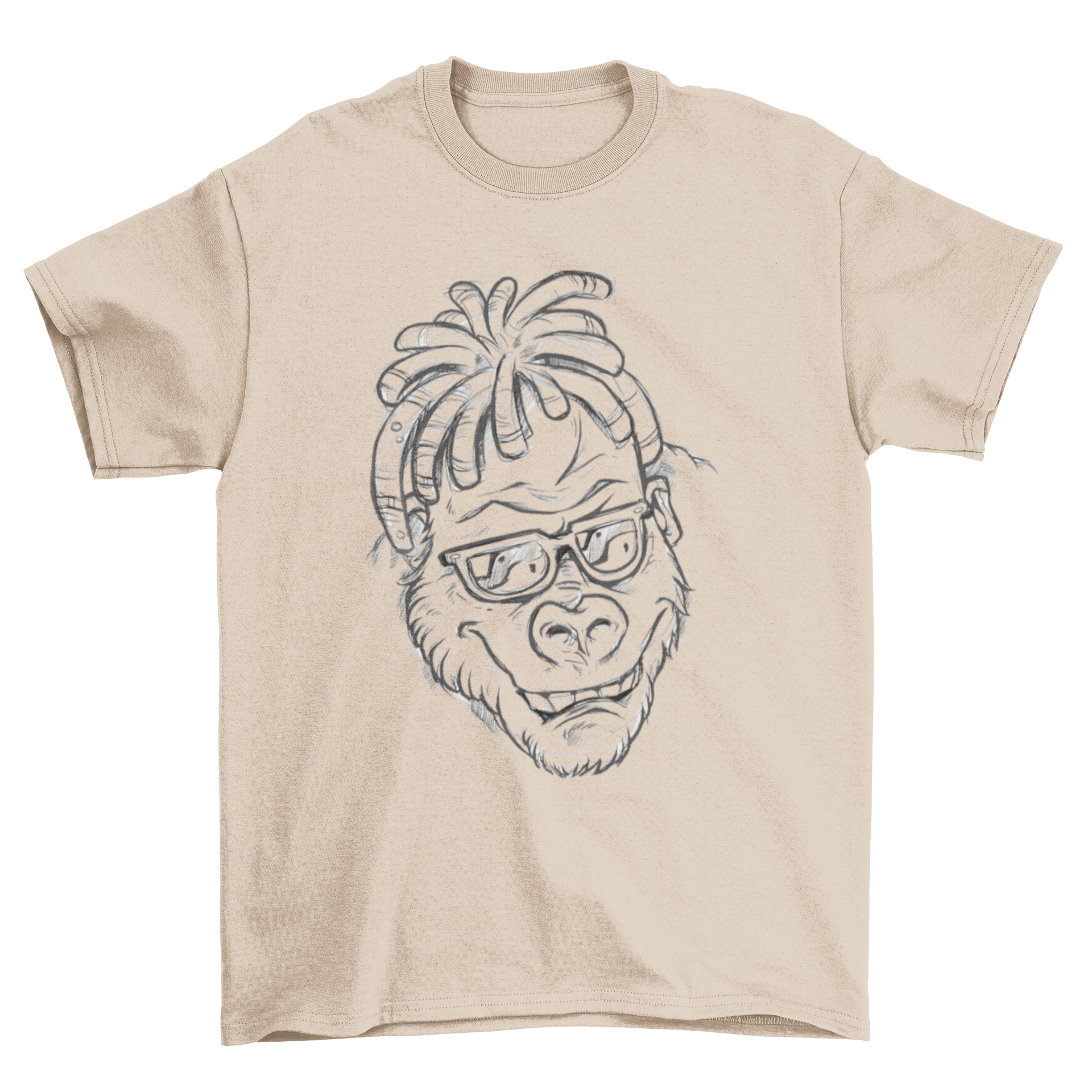 A stylish t-shirt featuring a hand drawn illustration of a gorilla with dreadlocks and sunglasses, showcasing unique artistic design.