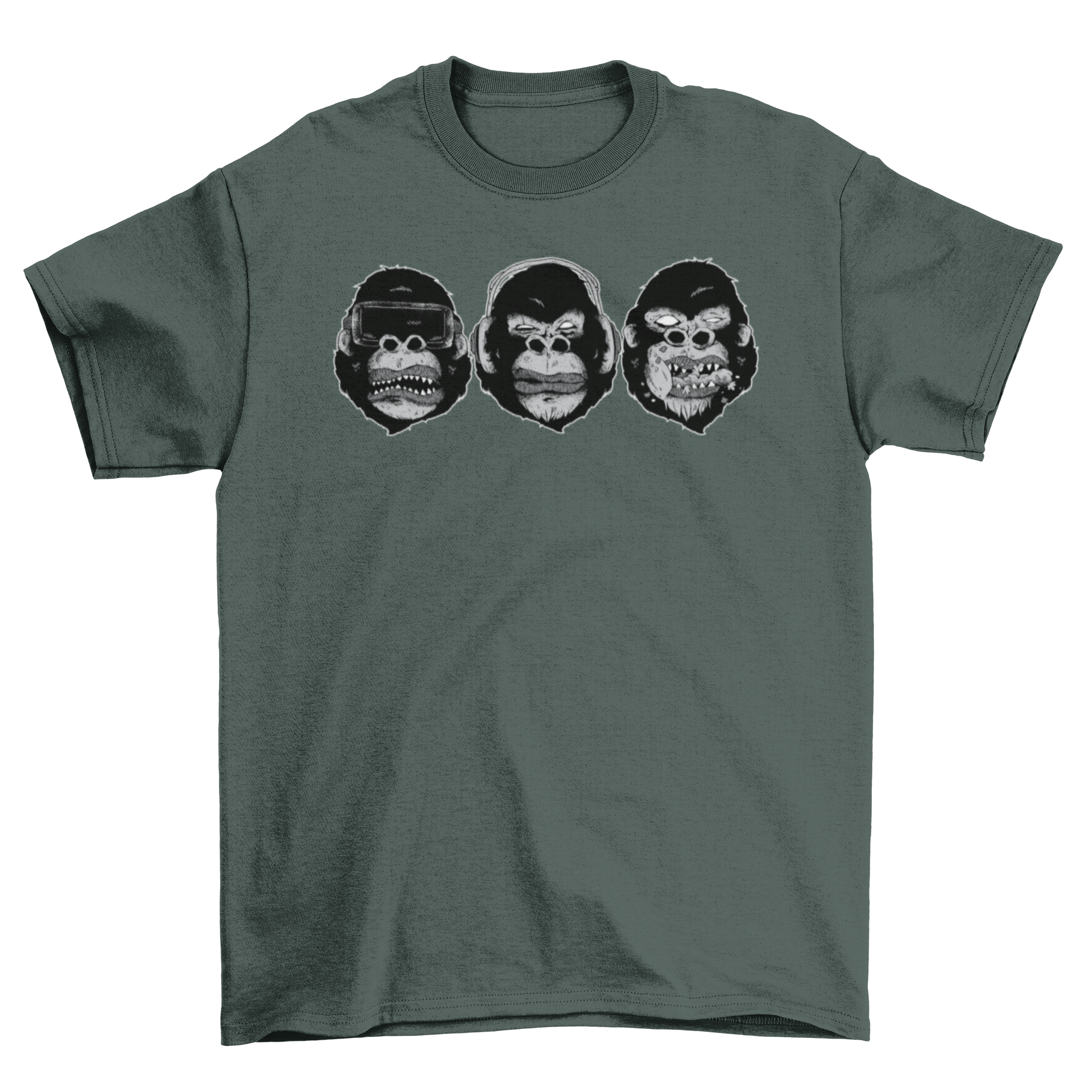 Gorilla Heads T-shirt featuring three monkey designs with VR glasses, headphones, and eating.