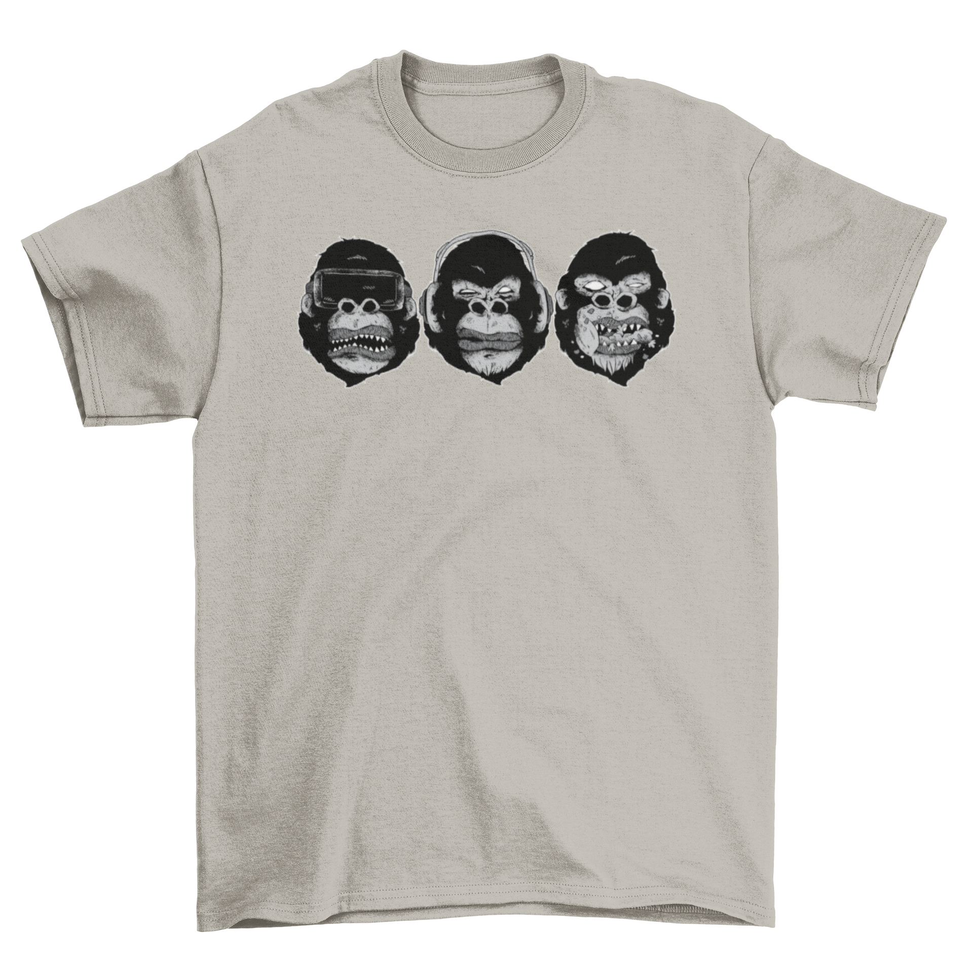 Gorilla Heads T-shirt featuring three monkey designs with VR glasses, headphones, and eating.