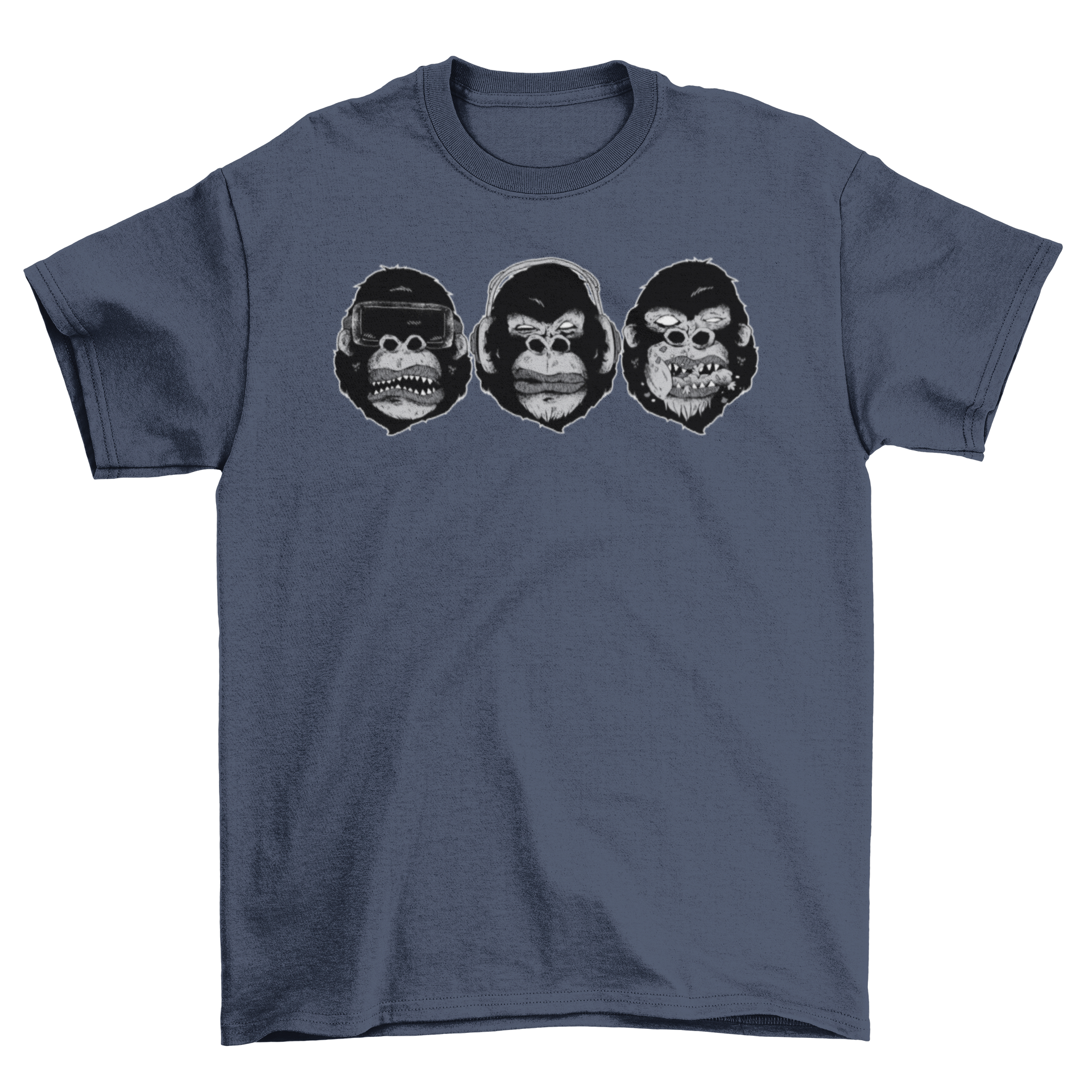 Gorilla Heads T-shirt featuring three monkey designs with VR glasses, headphones, and eating.