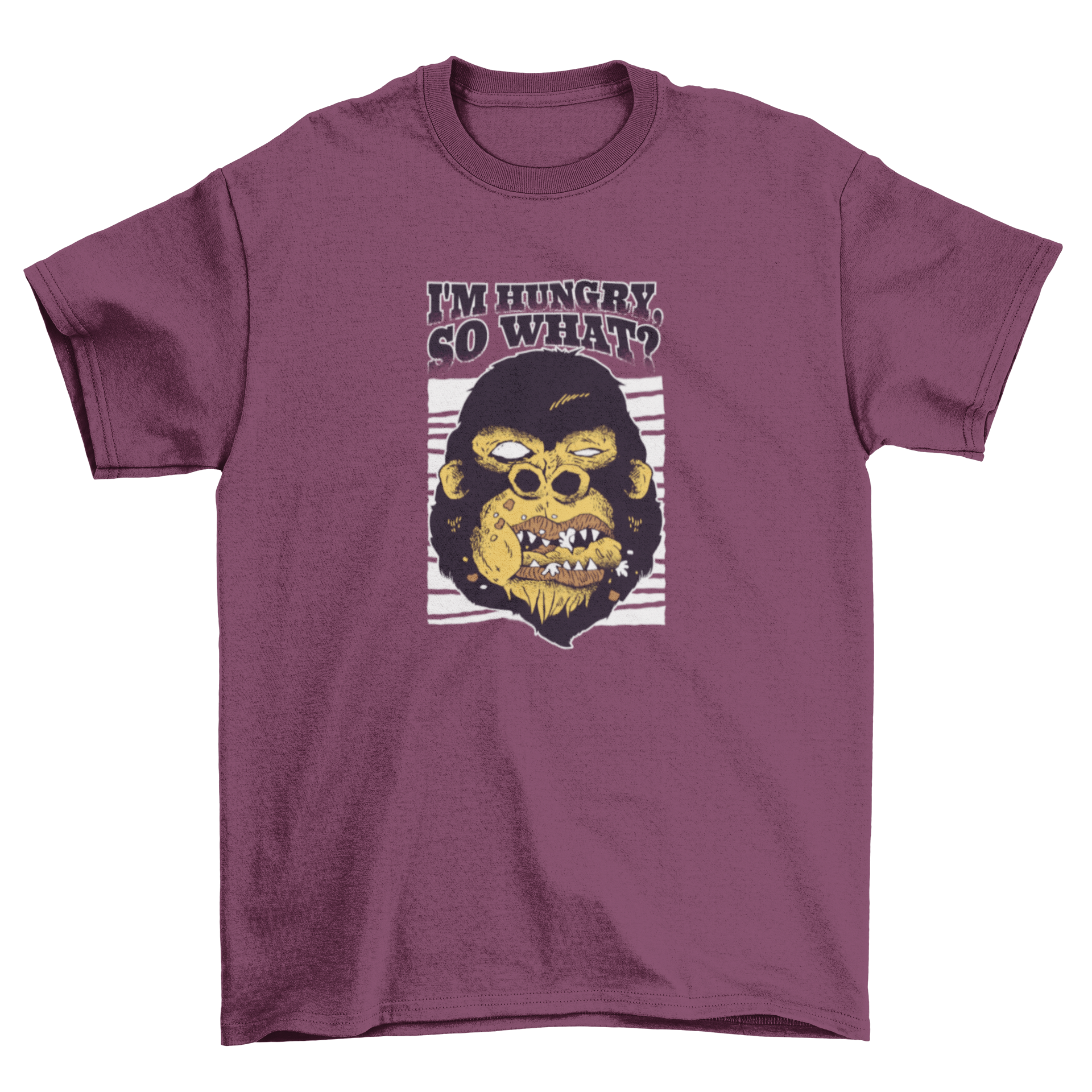 A humorous cartoon t-shirt design featuring a gorilla monkey head munching food with the text 'I'm hungry'.