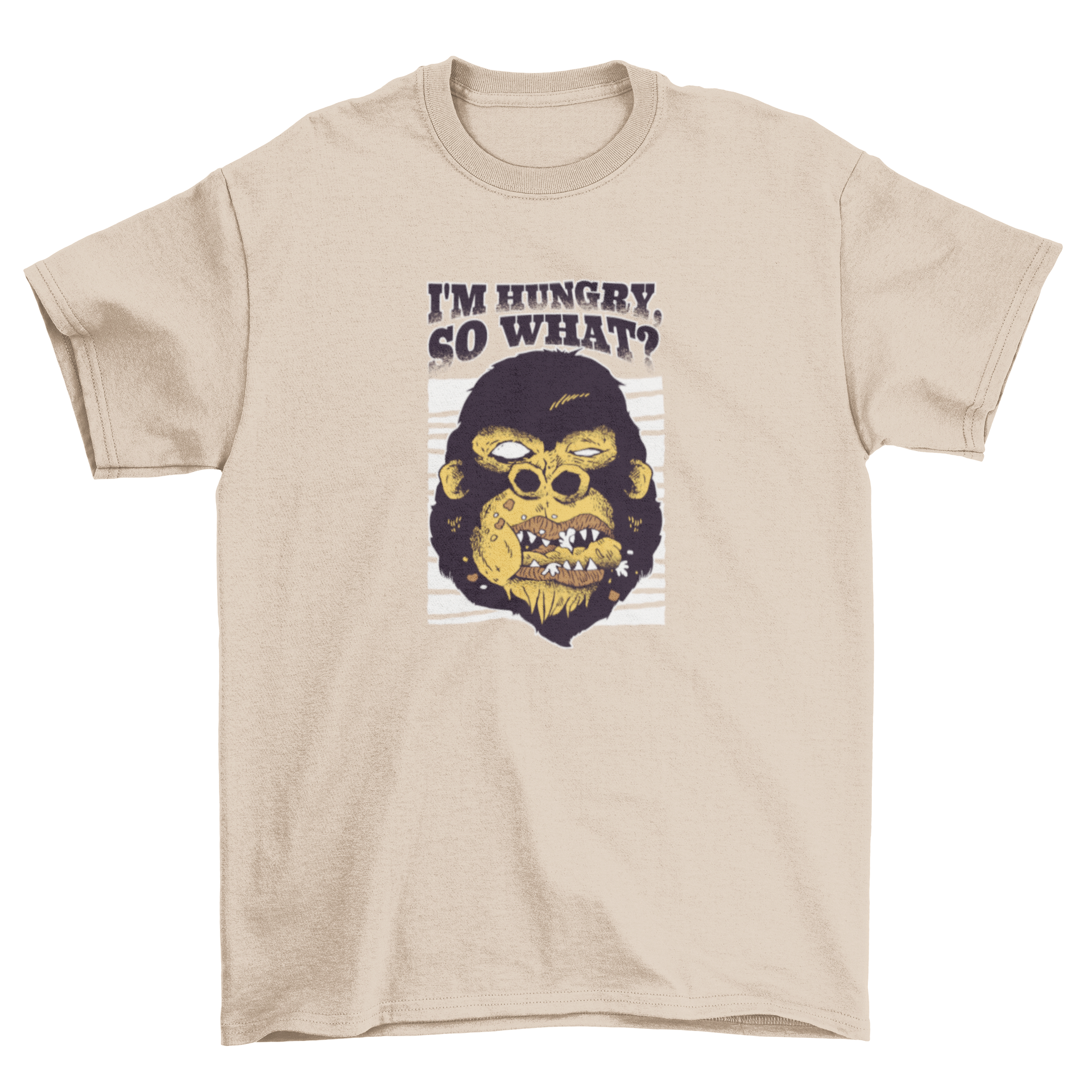 A humorous cartoon t-shirt design featuring a gorilla monkey head munching food with the text 'I'm hungry'.