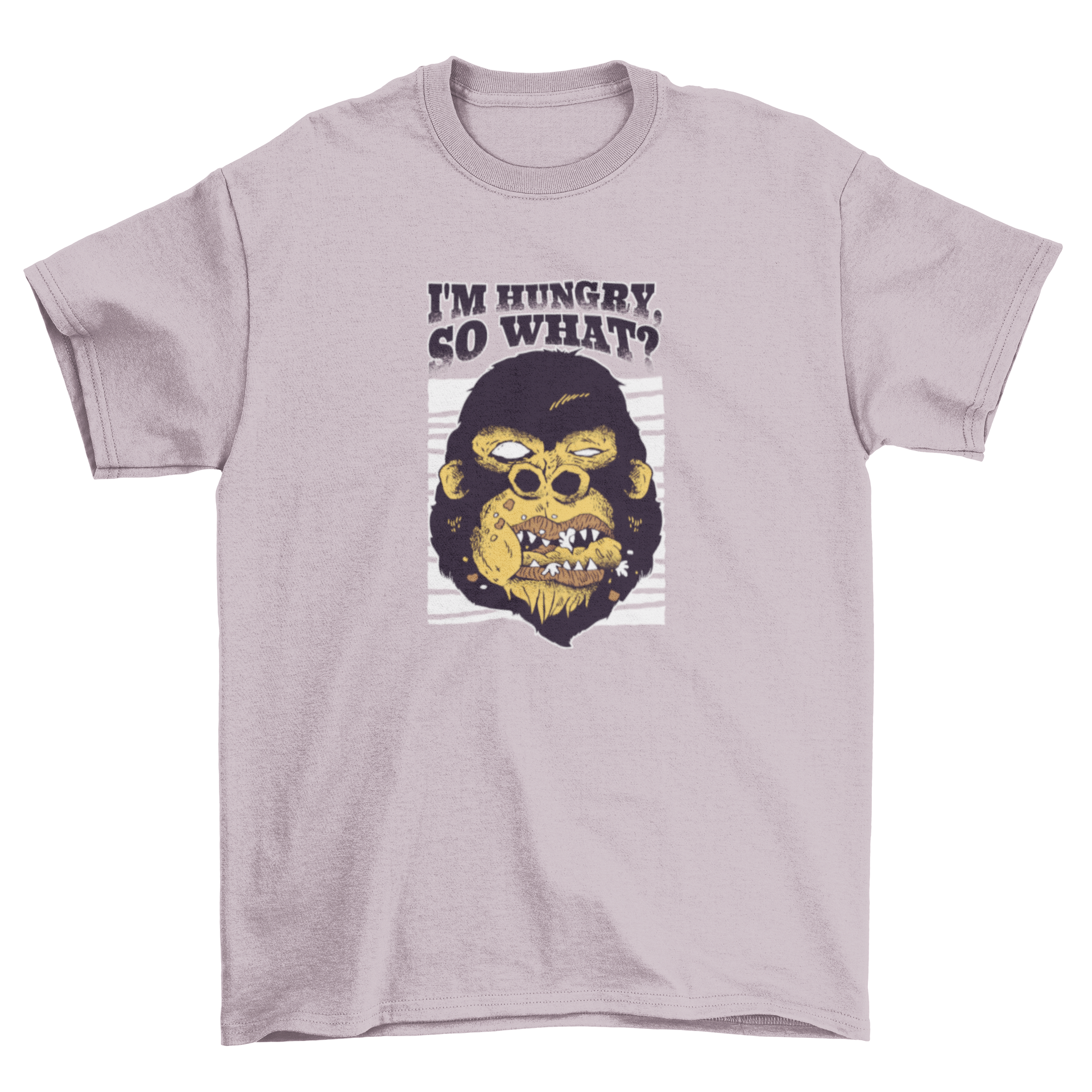 A humorous cartoon t-shirt design featuring a gorilla monkey head munching food with the text 'I'm hungry'.