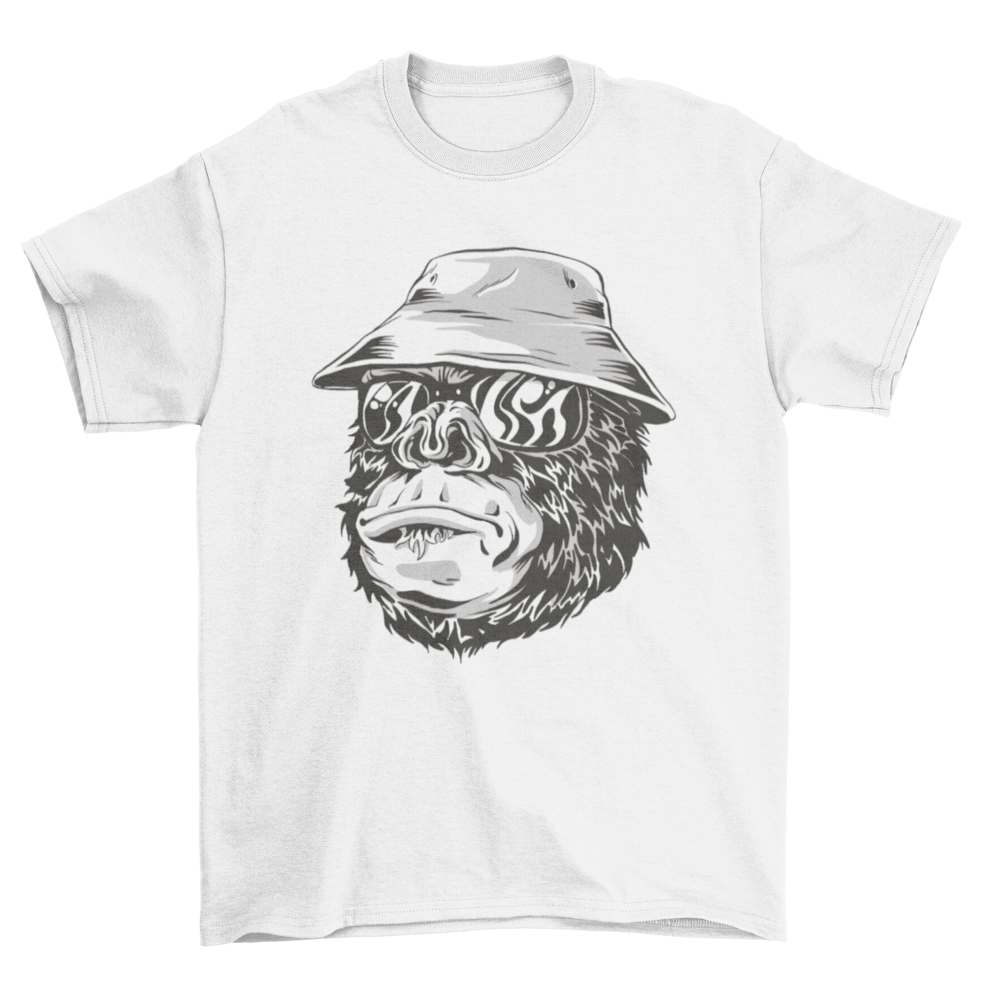 A stylish t-shirt featuring a playful gorilla wearing a hat and sunglasses, perfect for casual wear.