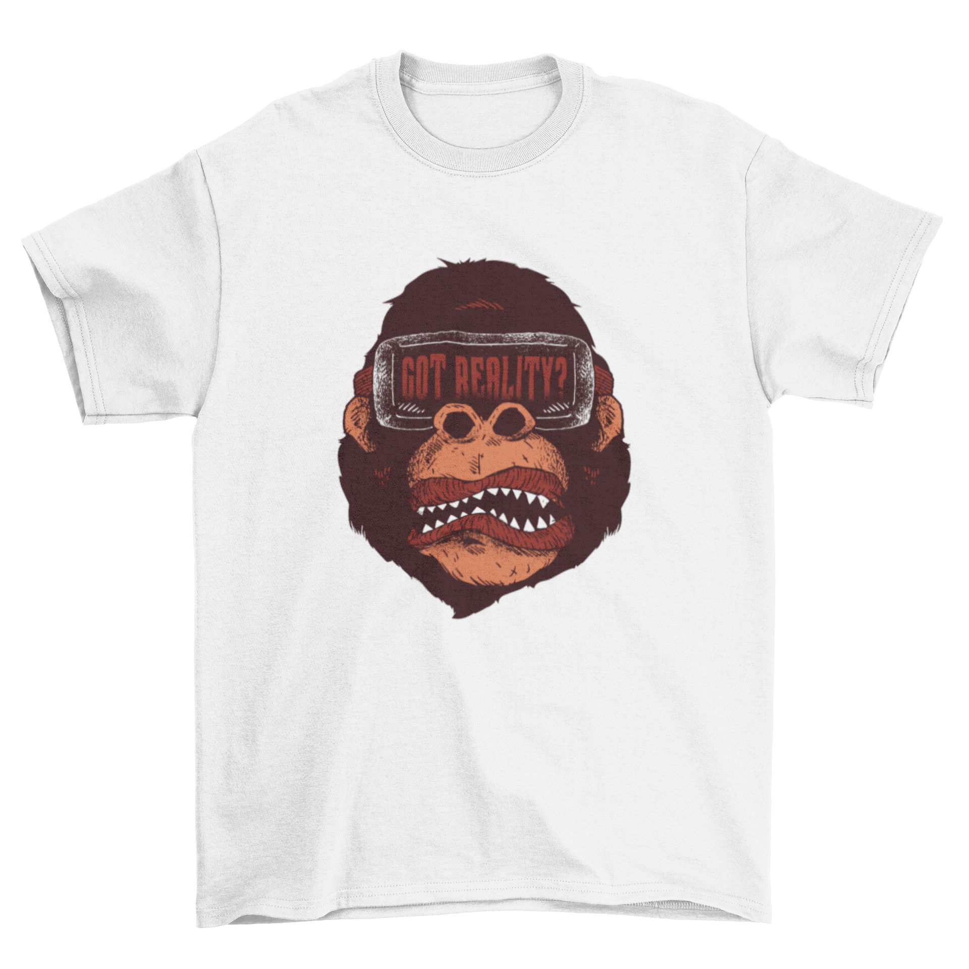 Gorilla Reality T-Shirt featuring a gorilla wearing VR glasses and the caption 'Got reality?'