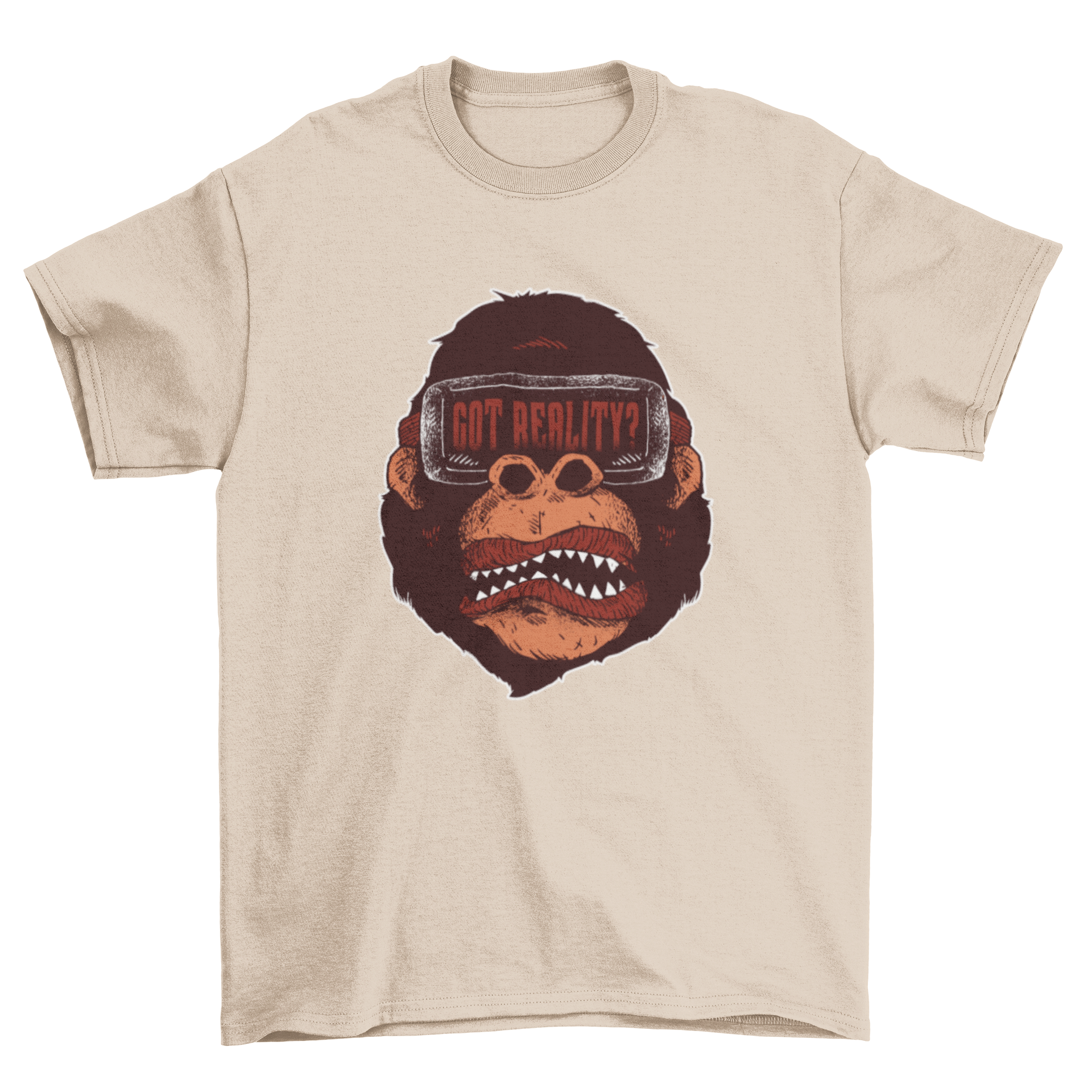 Gorilla Reality T-Shirt featuring a gorilla wearing VR glasses and the caption 'Got reality?'