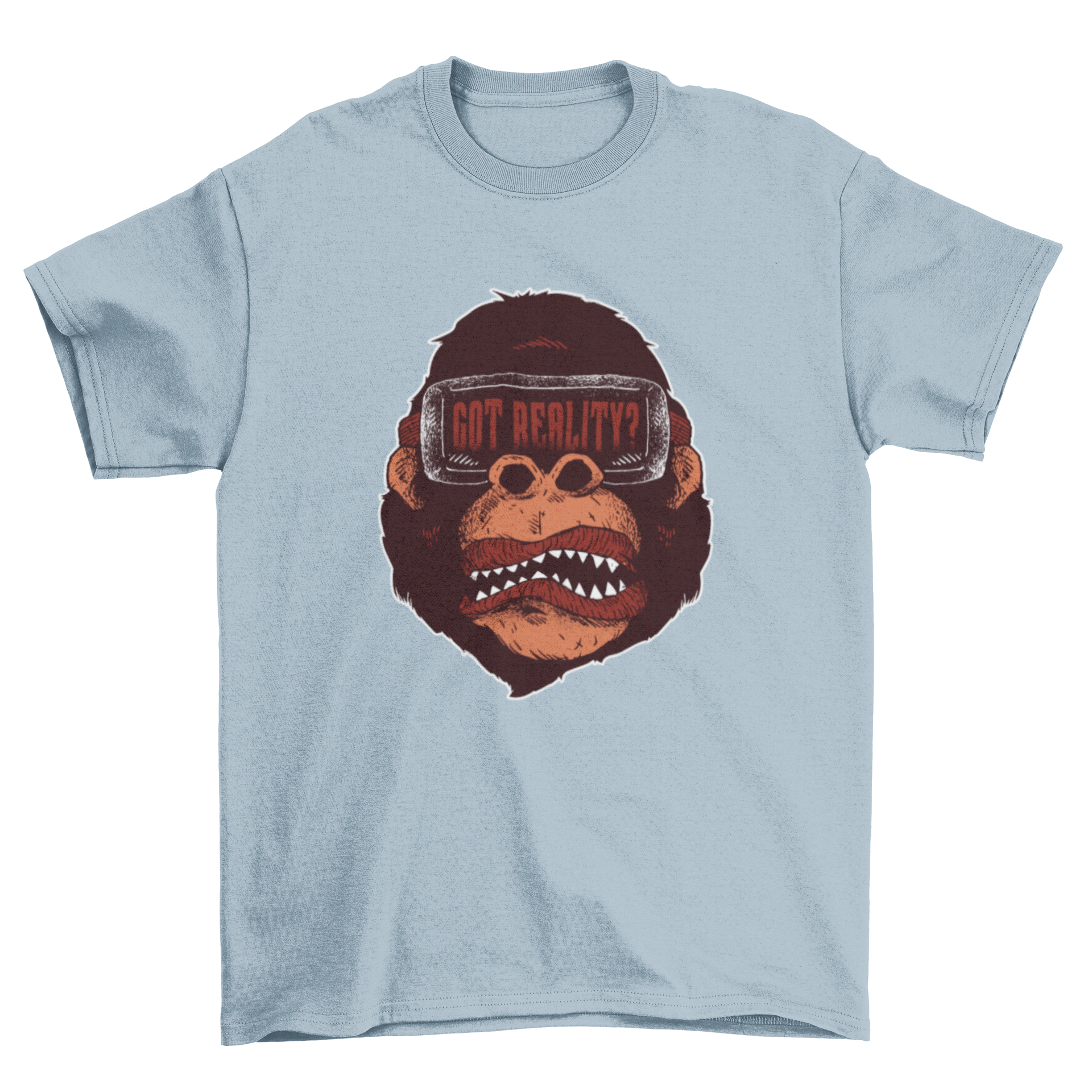 Gorilla Reality T-Shirt featuring a gorilla wearing VR glasses and the caption 'Got reality?'