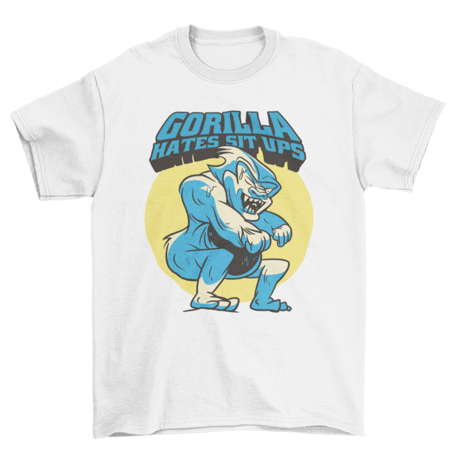 Gorilla sit ups gym t-shirt featuring a training gorilla character and humorous quote.