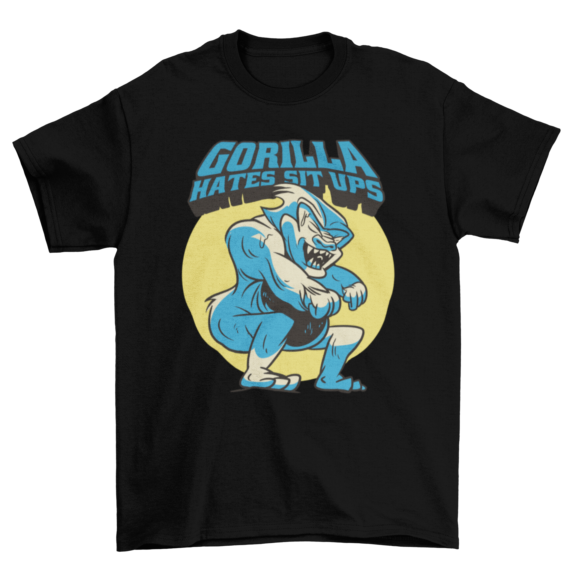 Gorilla sit ups gym t-shirt featuring a training gorilla character and humorous quote.