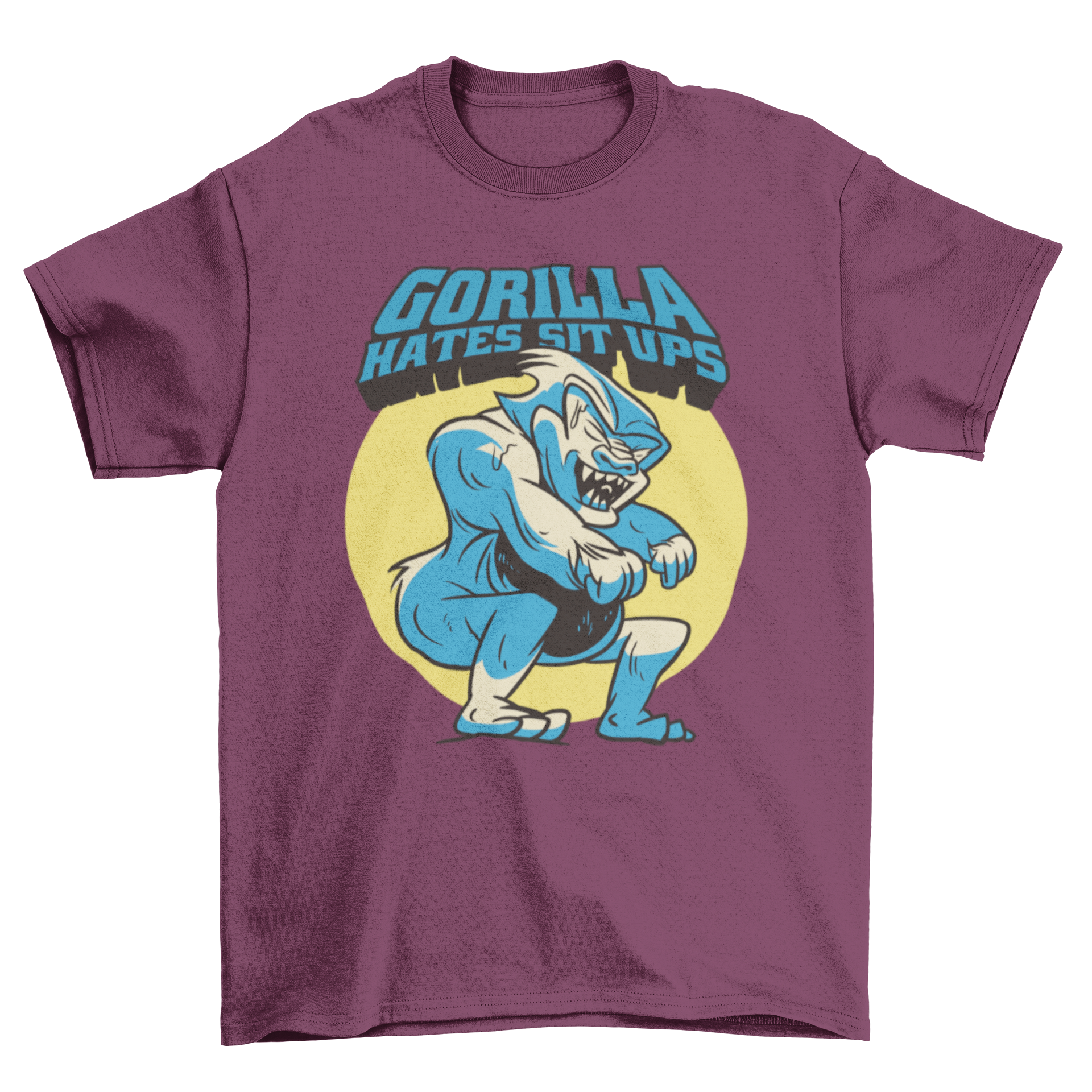 Gorilla sit ups gym t-shirt featuring a training gorilla character and humorous quote.