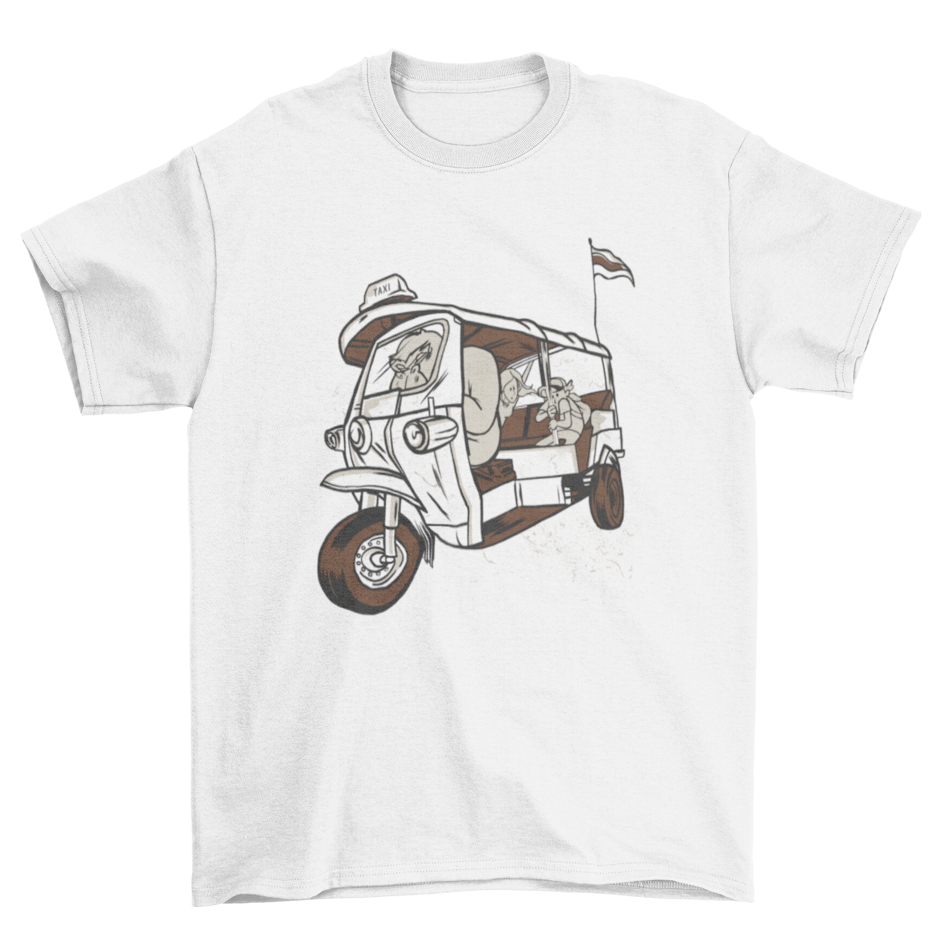 Gorilla Taxi T-shirt featuring an elephant riding a bicycle taxi with passengers, showcasing a fun and whimsical design.