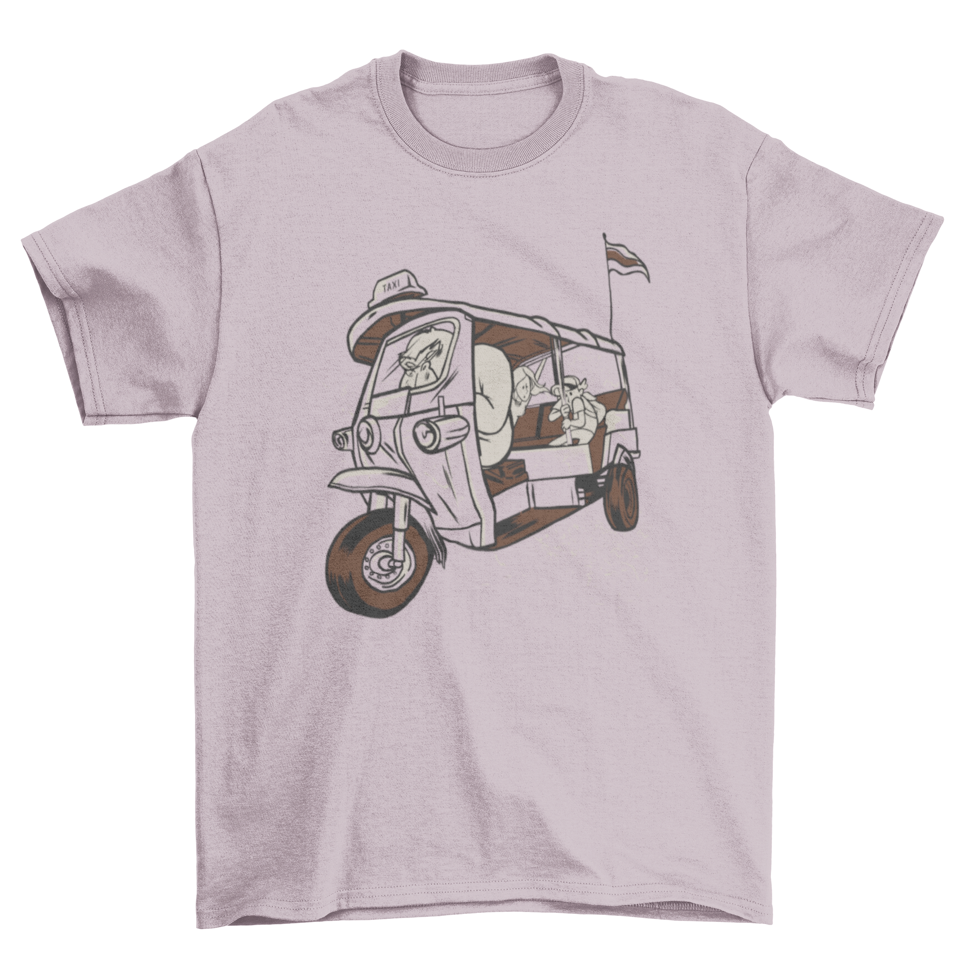 Gorilla Taxi T-shirt featuring an elephant riding a bicycle taxi with passengers, showcasing a fun and whimsical design.