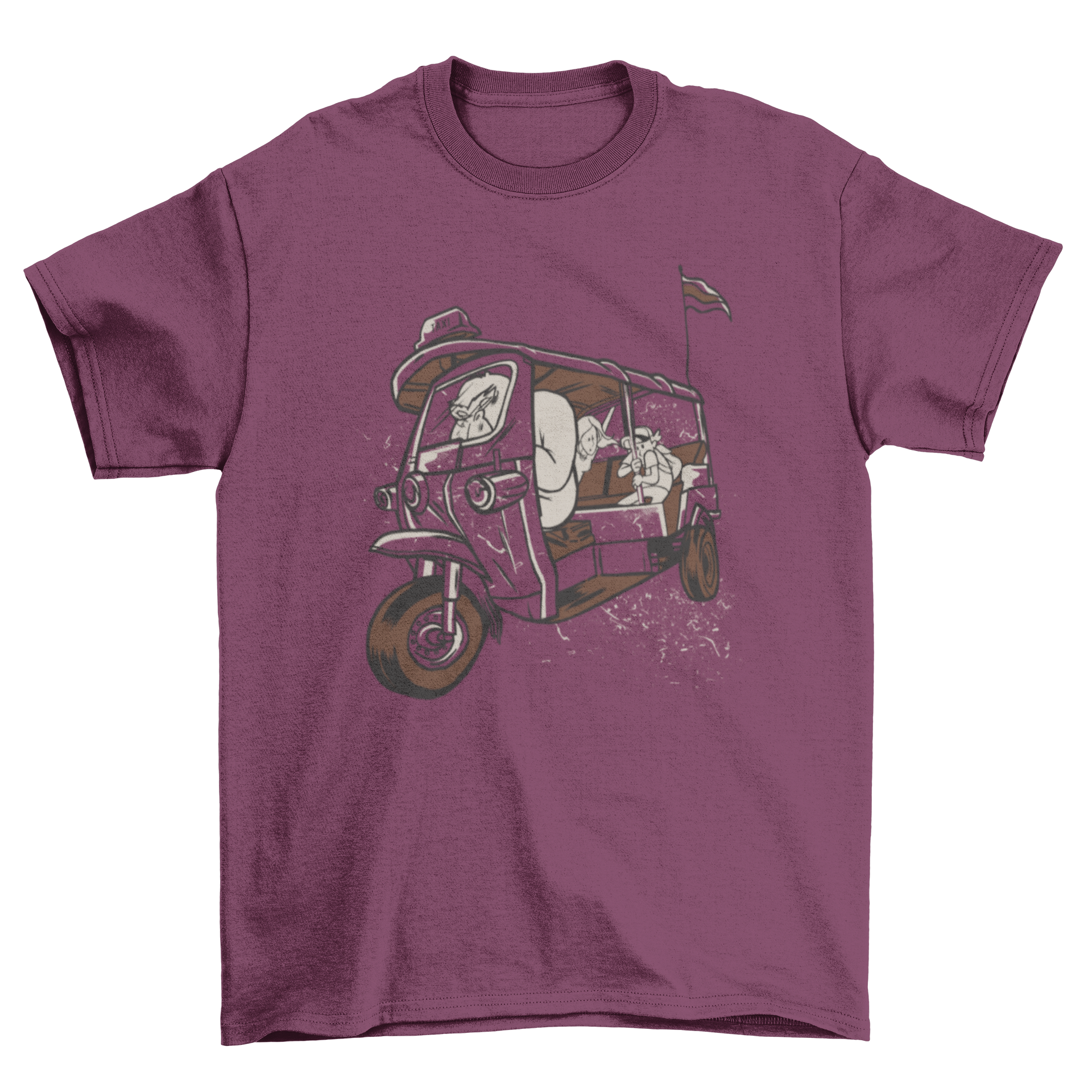 Gorilla Taxi T-shirt featuring an elephant riding a bicycle taxi with passengers, showcasing a fun and whimsical design.