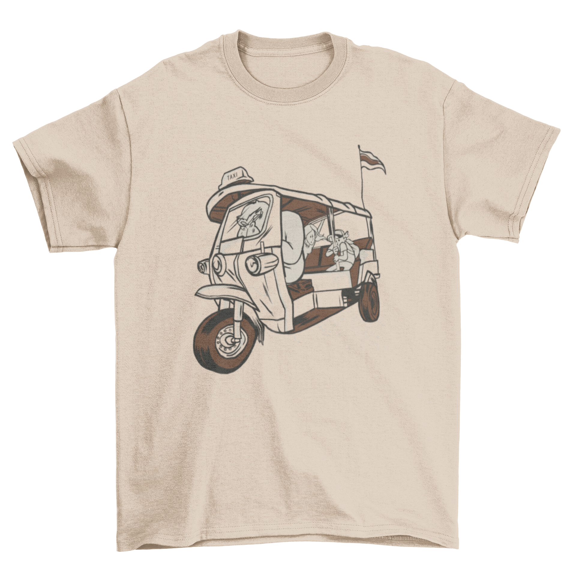 Gorilla Taxi T-shirt featuring an elephant riding a bicycle taxi with passengers, showcasing a fun and whimsical design.