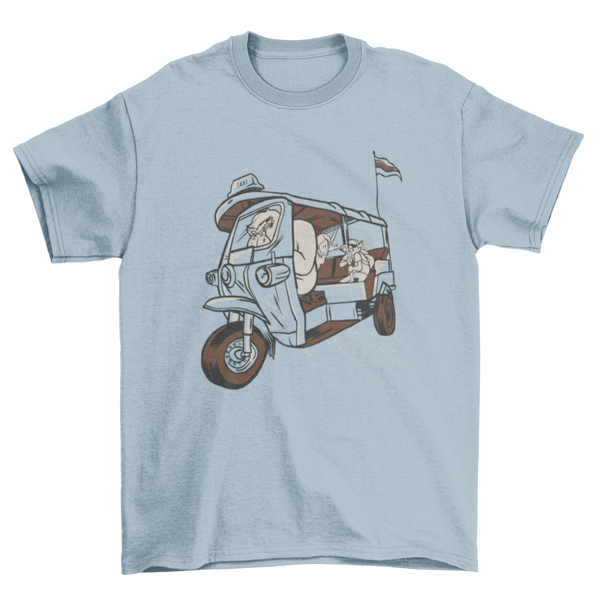 Gorilla Taxi T-shirt featuring an elephant riding a bicycle taxi with passengers, showcasing a fun and whimsical design.