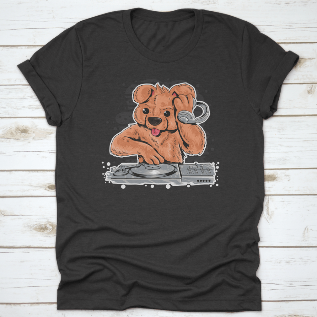 A stylish Dog DJ shirt featuring a fun design, made from high-quality cotton, perfect for pet lovers and party enthusiasts.