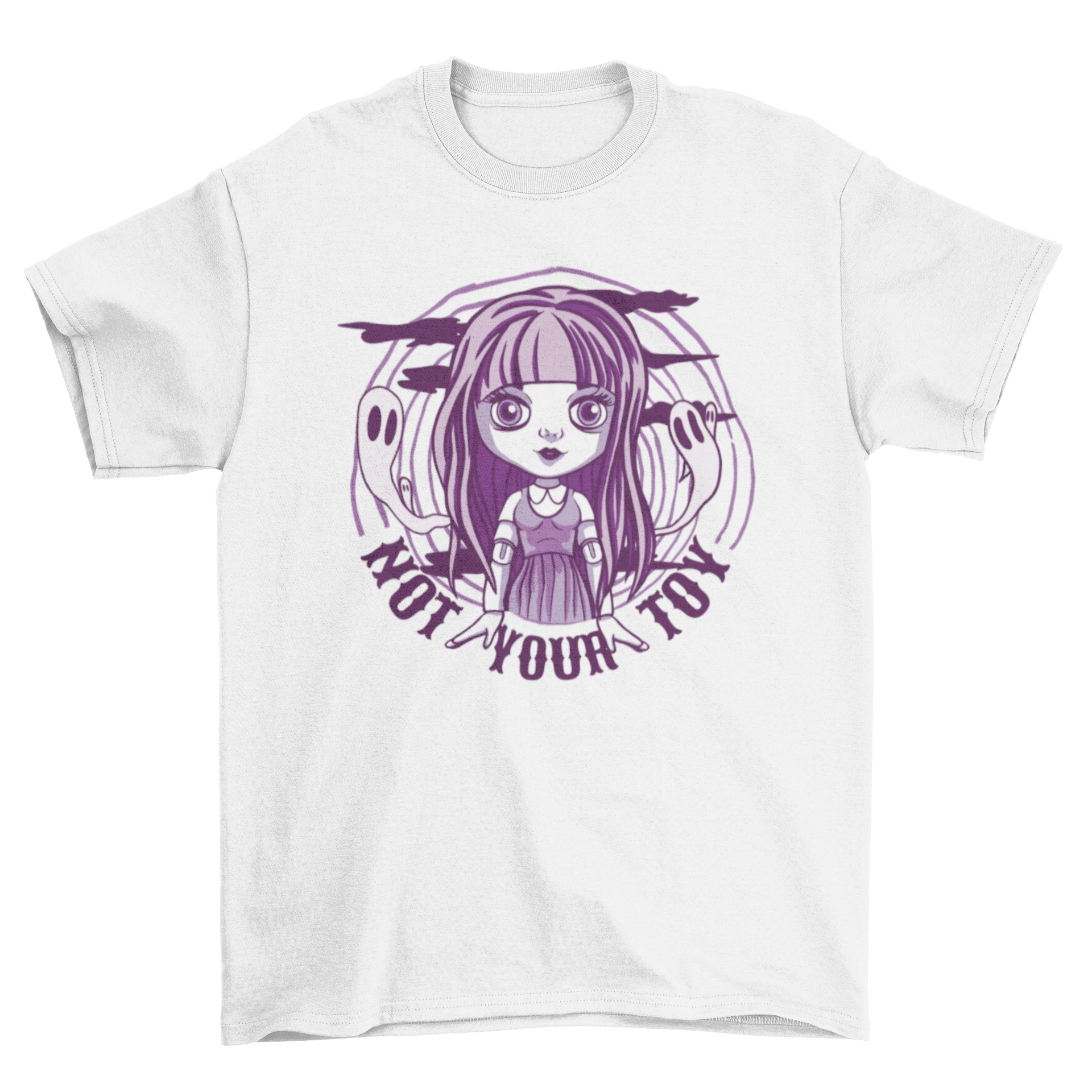 A stylish goth doll t-shirt featuring a goth doll surrounded by playful ghosts and the quote 'Not your toy'.