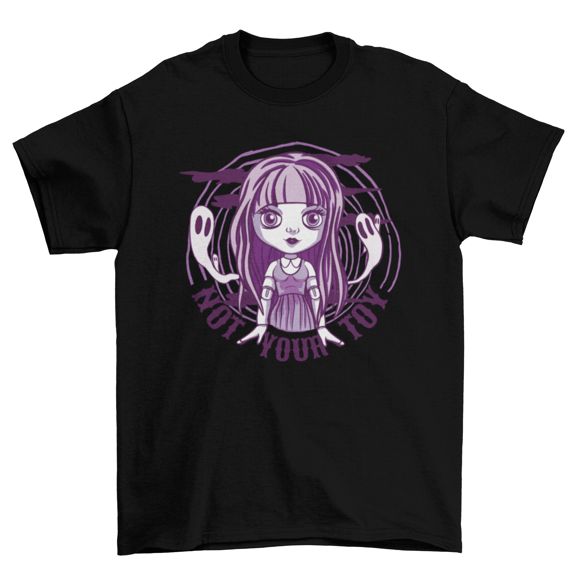 A stylish goth doll t-shirt featuring a goth doll surrounded by playful ghosts and the quote 'Not your toy'.