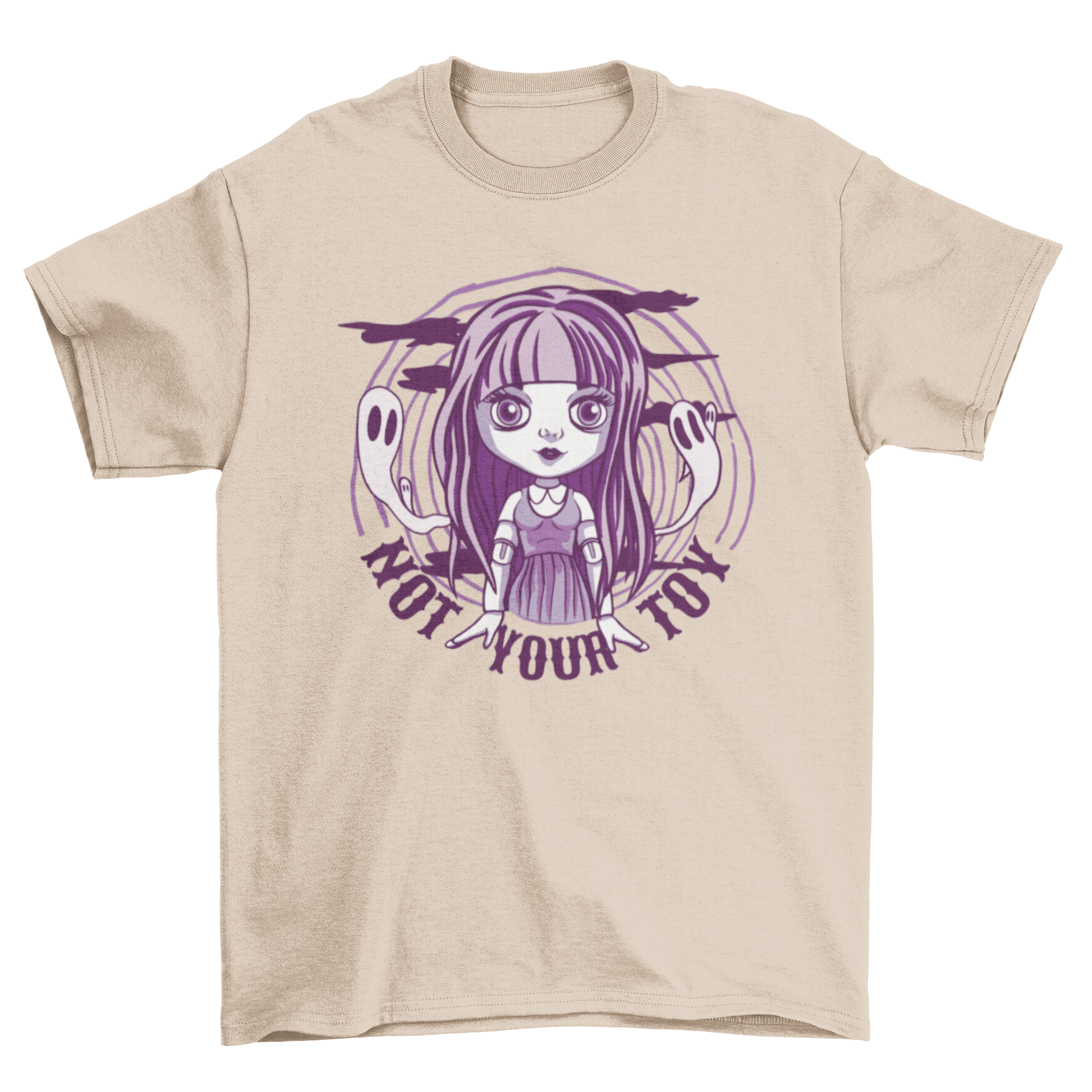 A stylish goth doll t-shirt featuring a goth doll surrounded by playful ghosts and the quote 'Not your toy'.