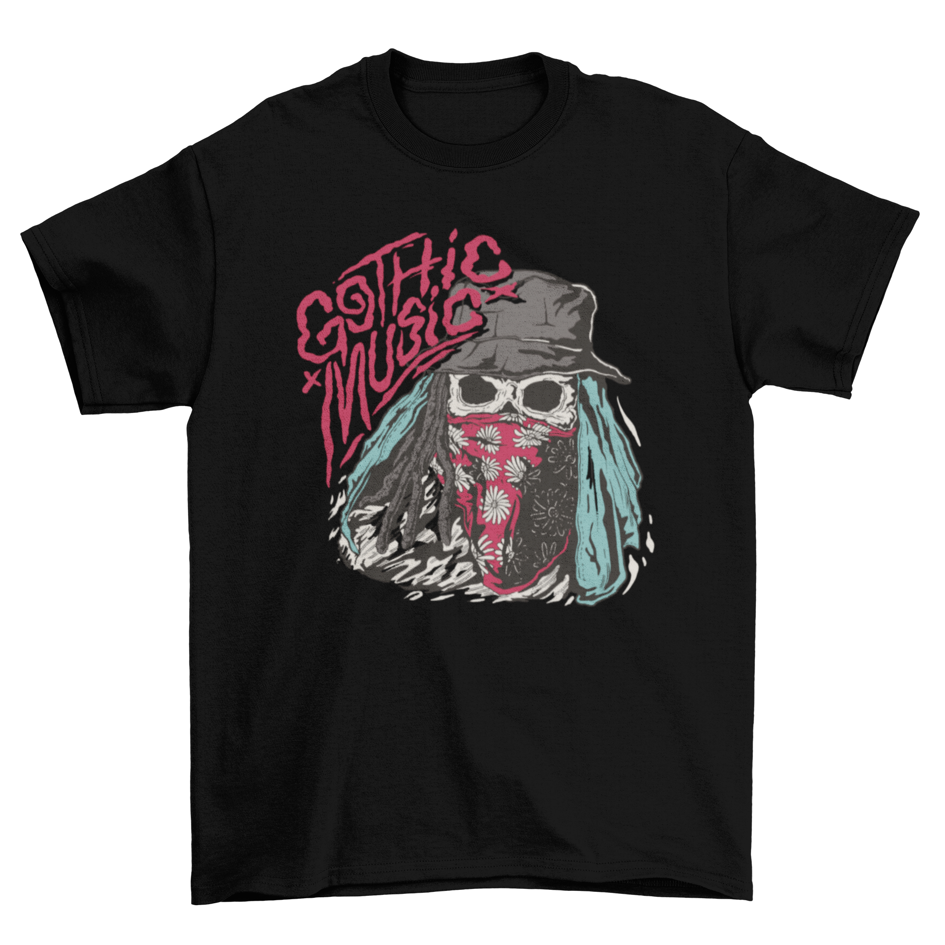 Goth music skeleton t-shirt featuring a skeleton with a bandana and the quote 'Goth Music'.