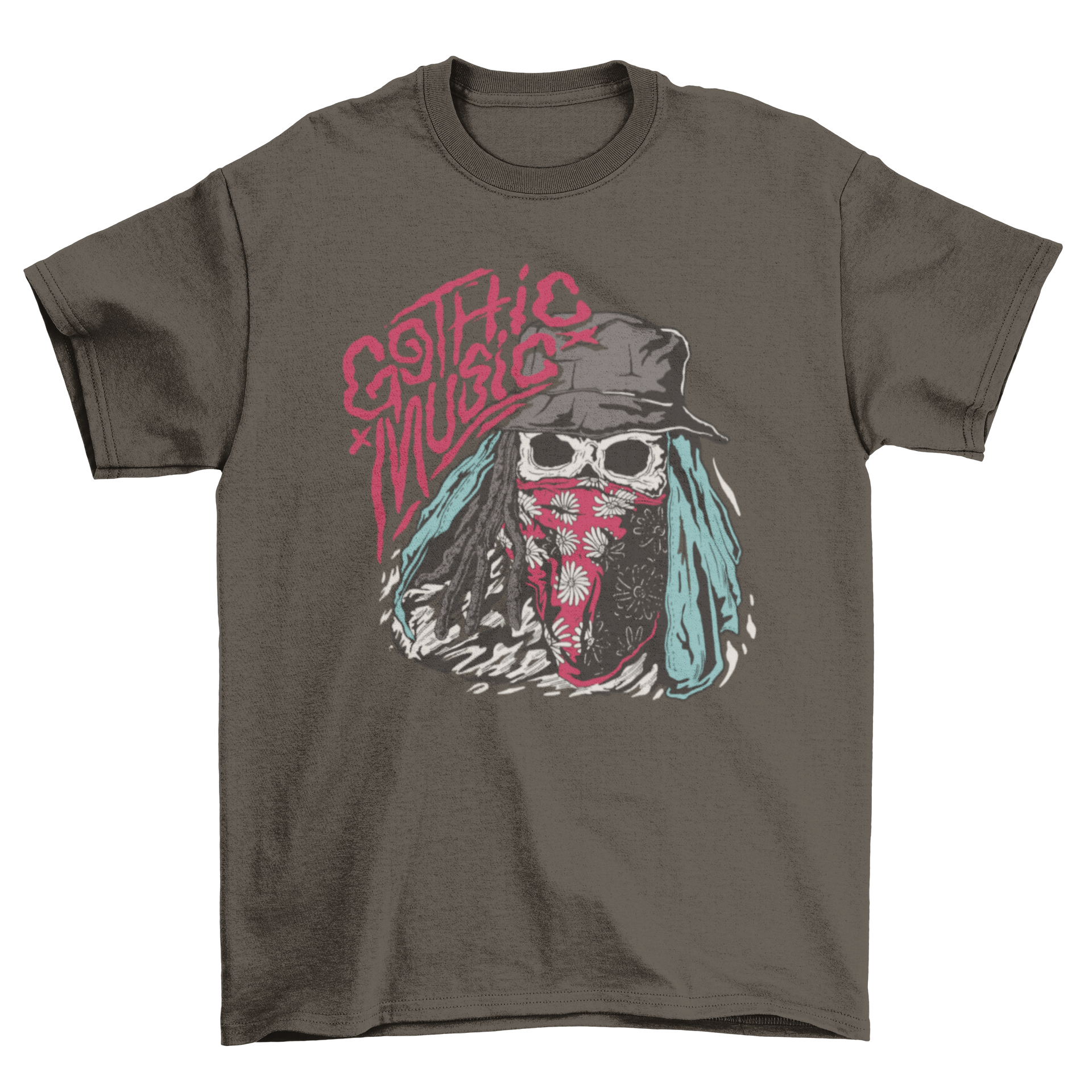 Goth music skeleton t-shirt featuring a skeleton with a bandana and the quote 'Goth Music'.