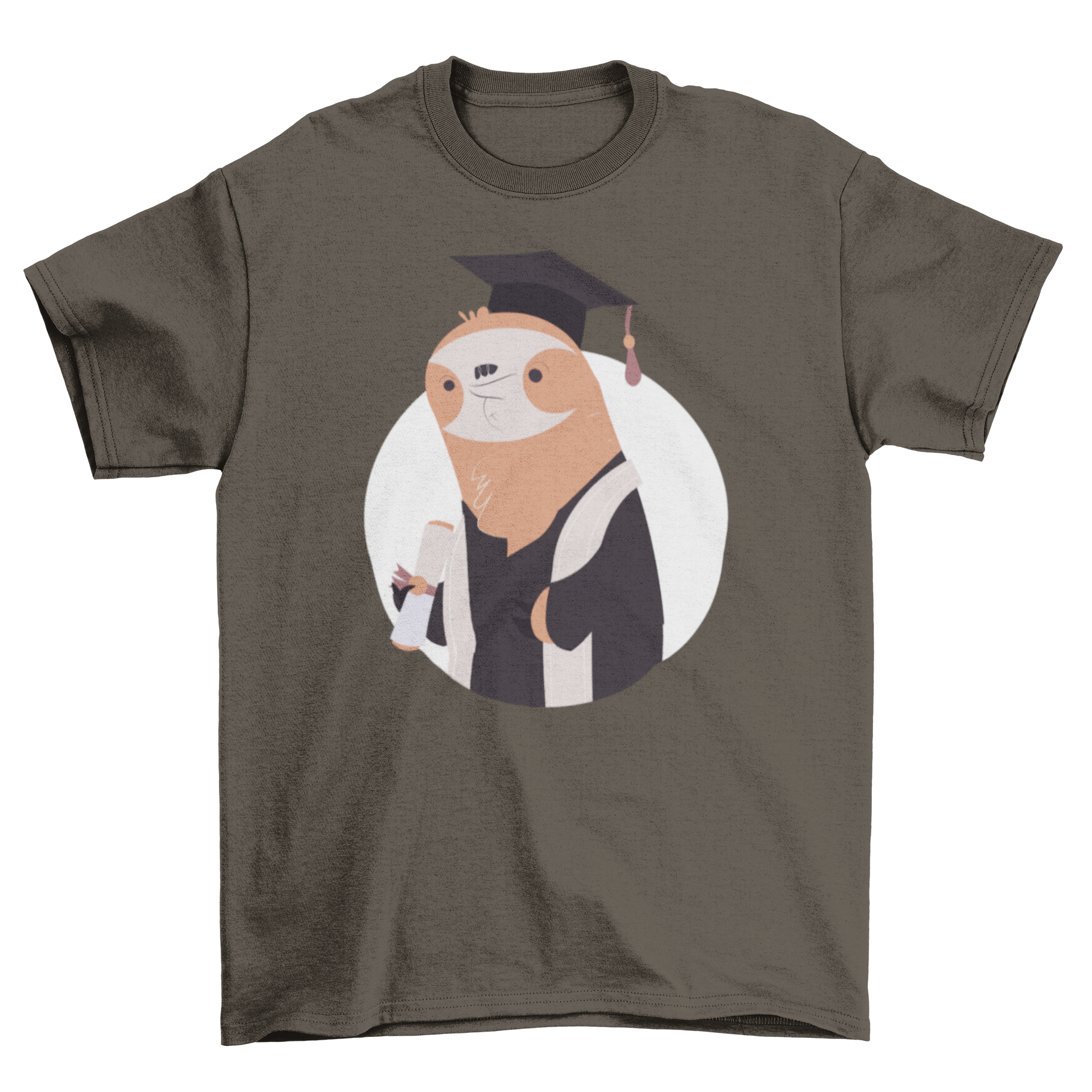 Graduate Sloth T-shirt featuring a cute sloth in a graduation cap and gown, perfect for celebrating graduation.