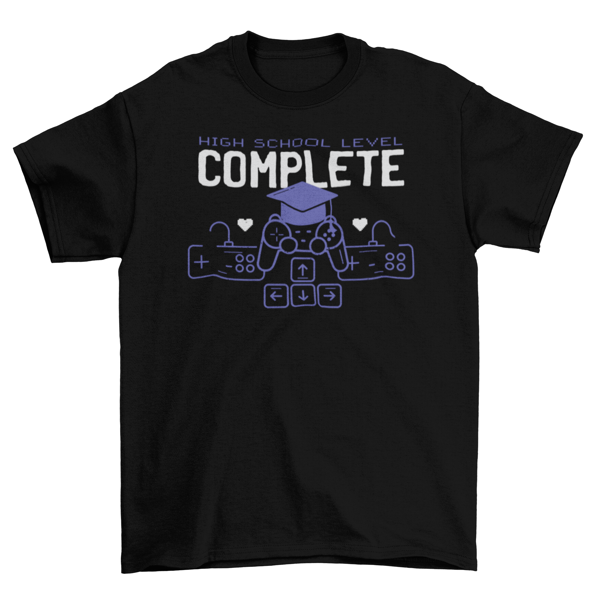 Graduation Gaming T-shirt featuring a level complete screen design with 'High School Level Complete' lettering.