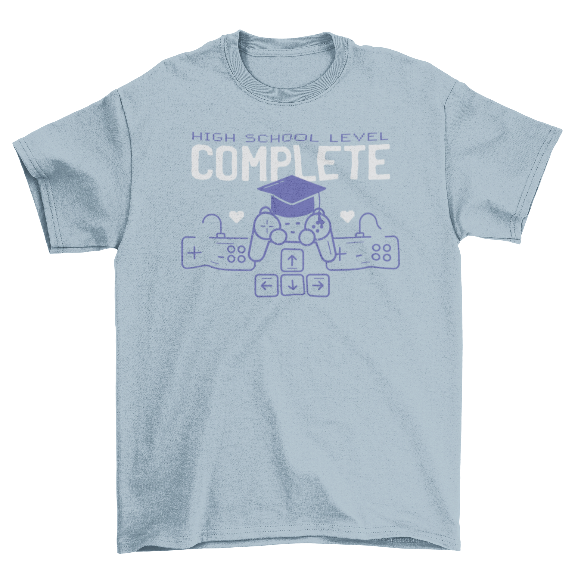 Graduation Gaming T-shirt featuring a level complete screen design with 'High School Level Complete' lettering.