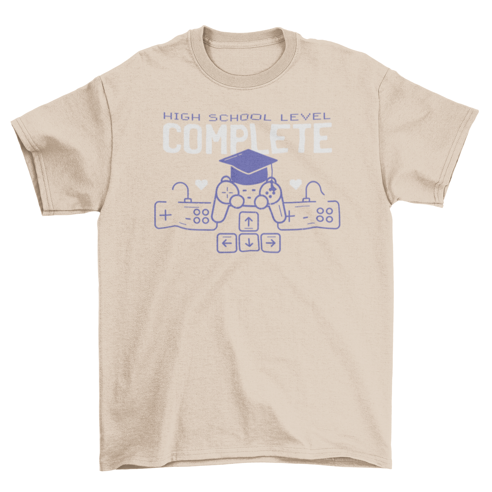 Graduation Gaming T-shirt featuring a level complete screen design with 'High School Level Complete' lettering.