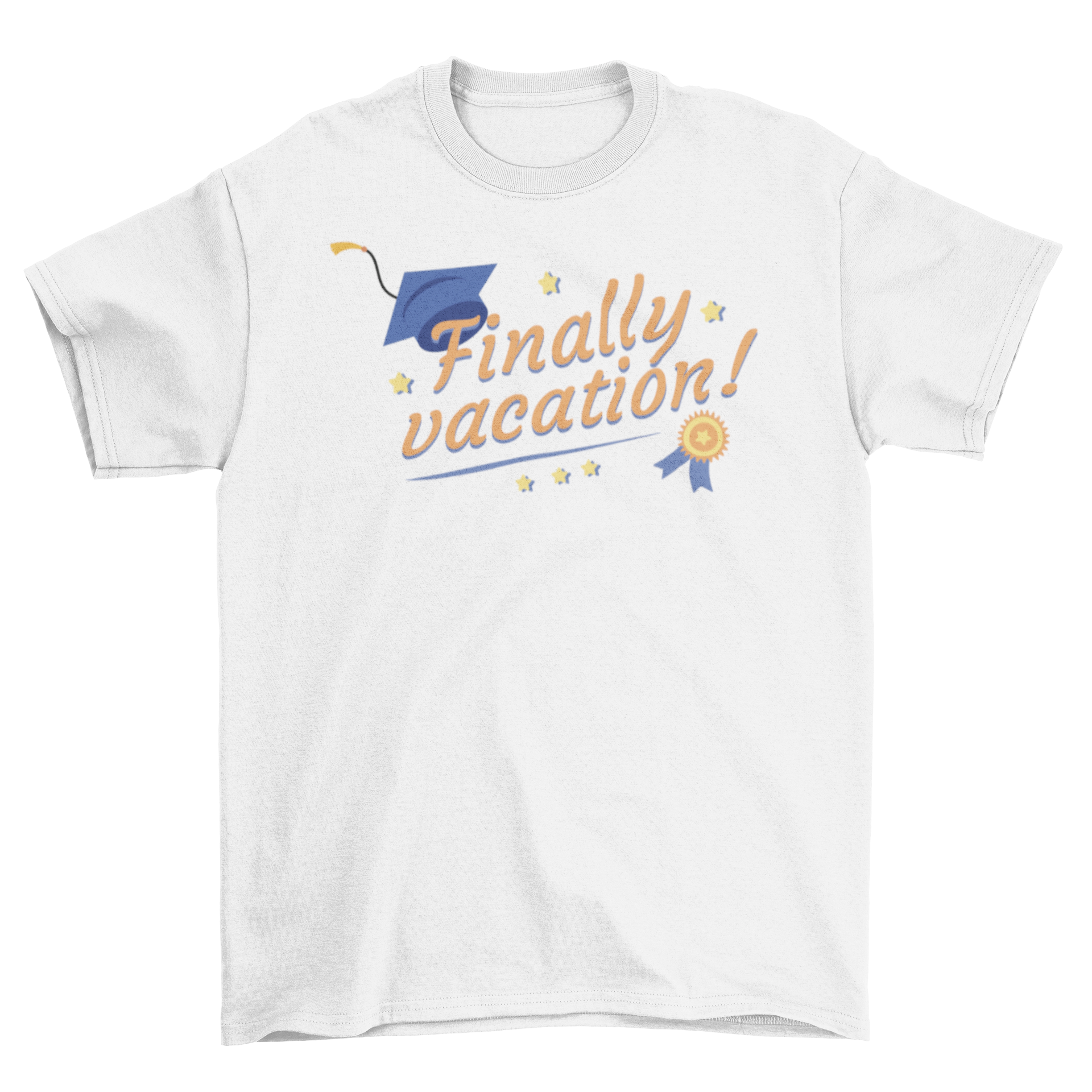 Funny graduation t-shirt featuring the quote 'Finally Vacation' with a medal and graduation cap design.