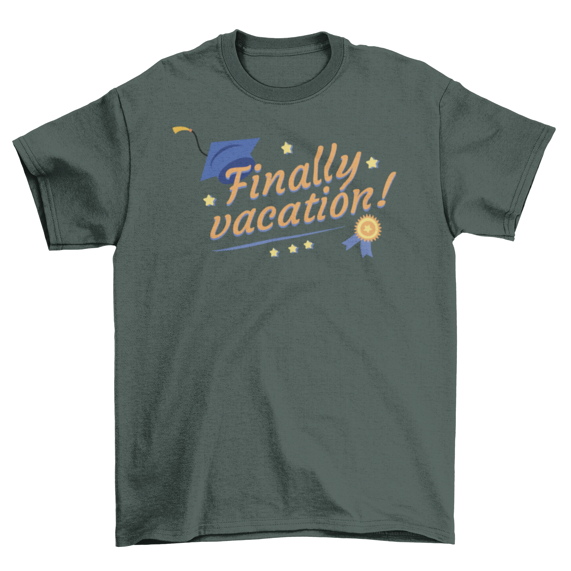 Funny graduation t-shirt featuring the quote 'Finally Vacation' with a medal and graduation cap design.