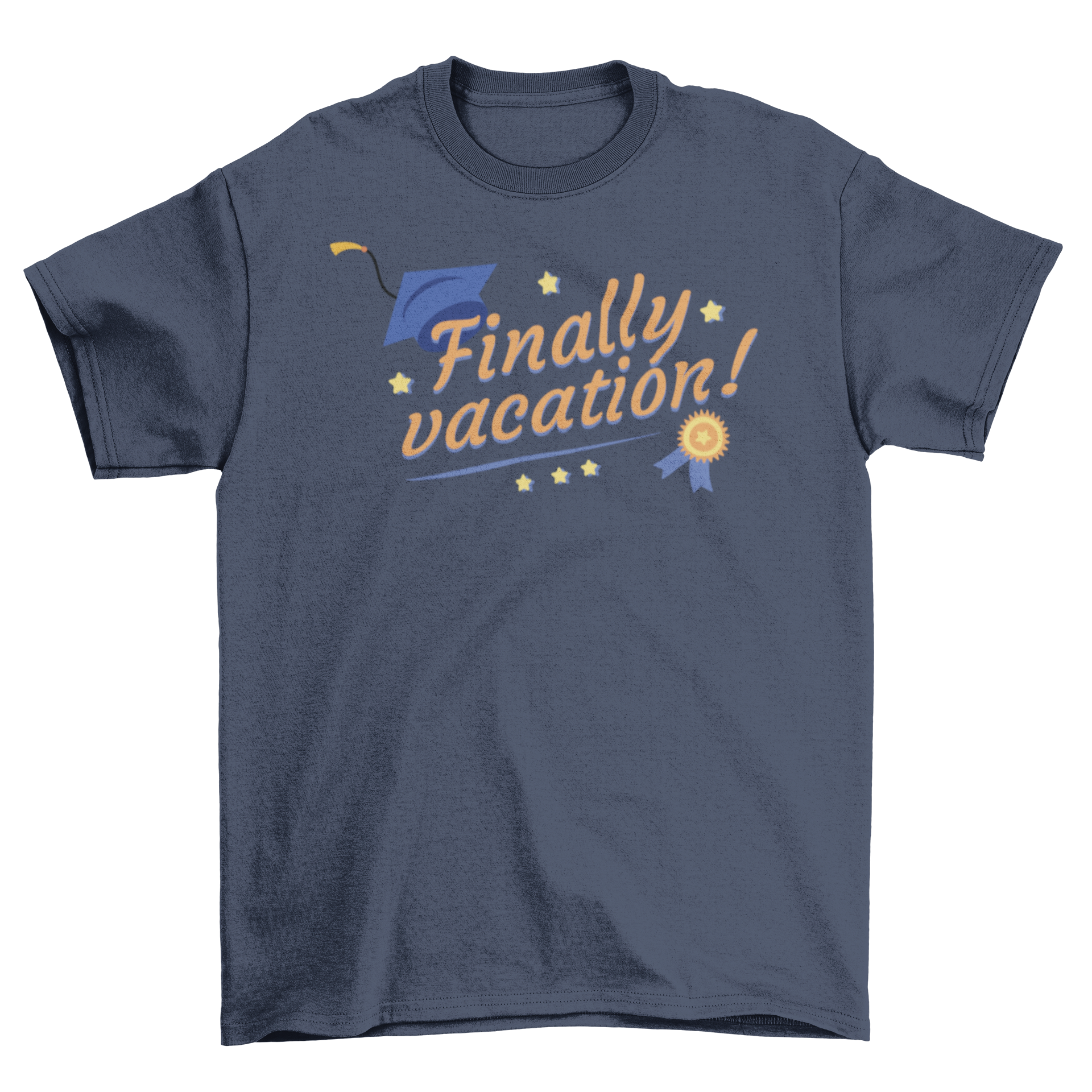 Funny graduation t-shirt featuring the quote 'Finally Vacation' with a medal and graduation cap design.