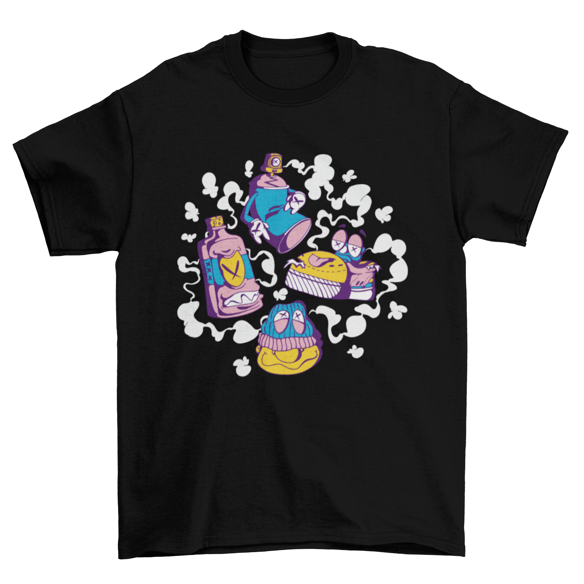 Colorful graffiti characters t-shirt design featuring funky art elements and vibrant colors.