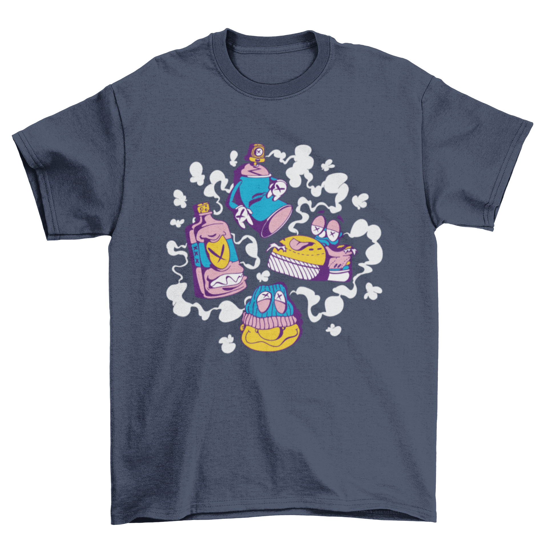 Colorful graffiti characters t-shirt design featuring funky art elements and vibrant colors.