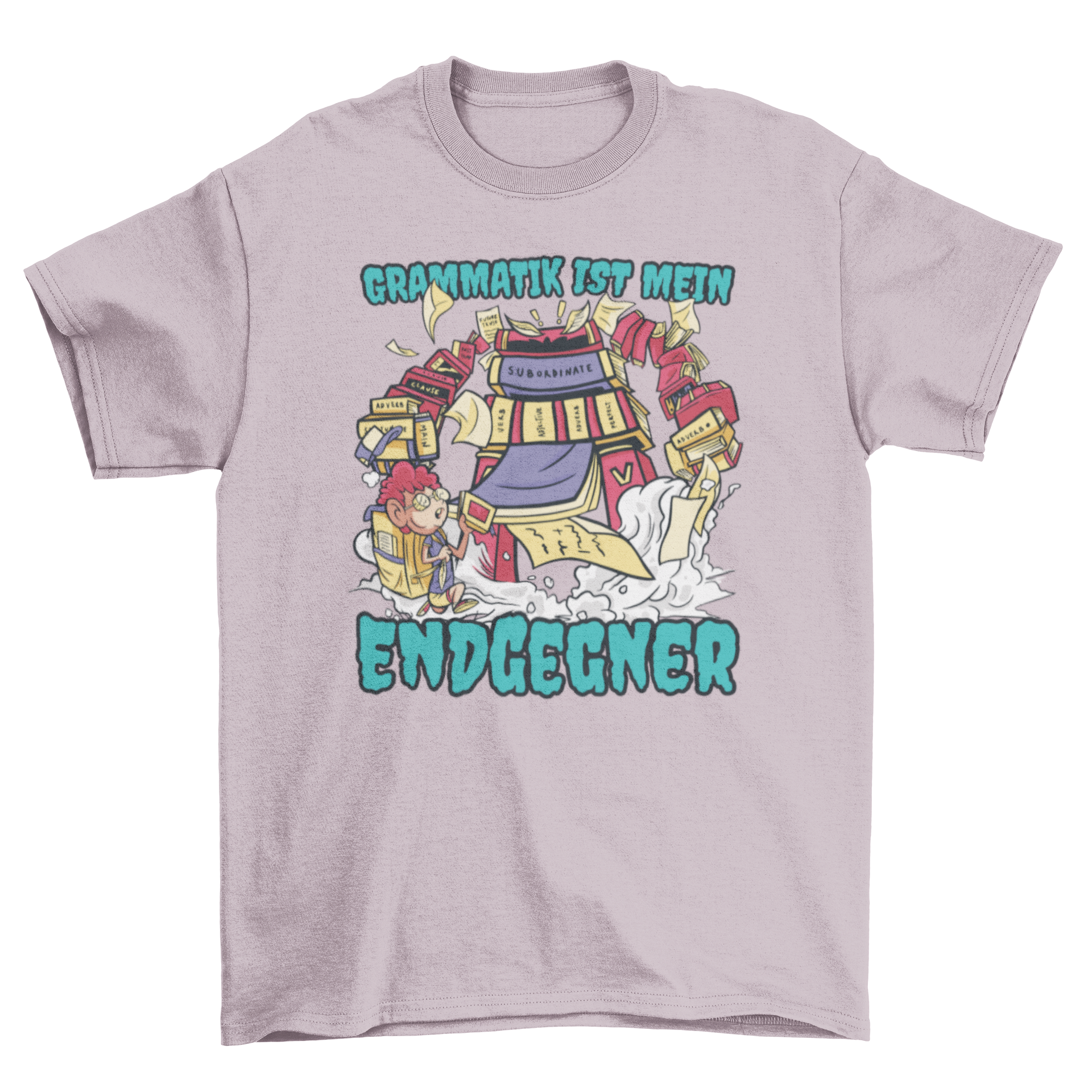 A colorful t-shirt featuring a playful monster surrounded by grammar items and a German quote about grammar.