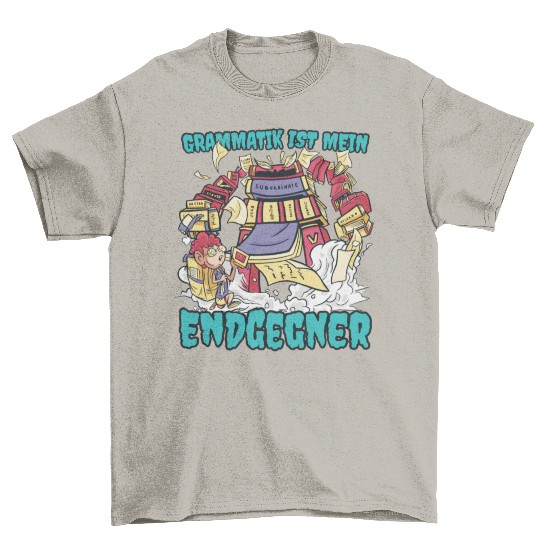 A colorful t-shirt featuring a playful monster surrounded by grammar items and a German quote about grammar.