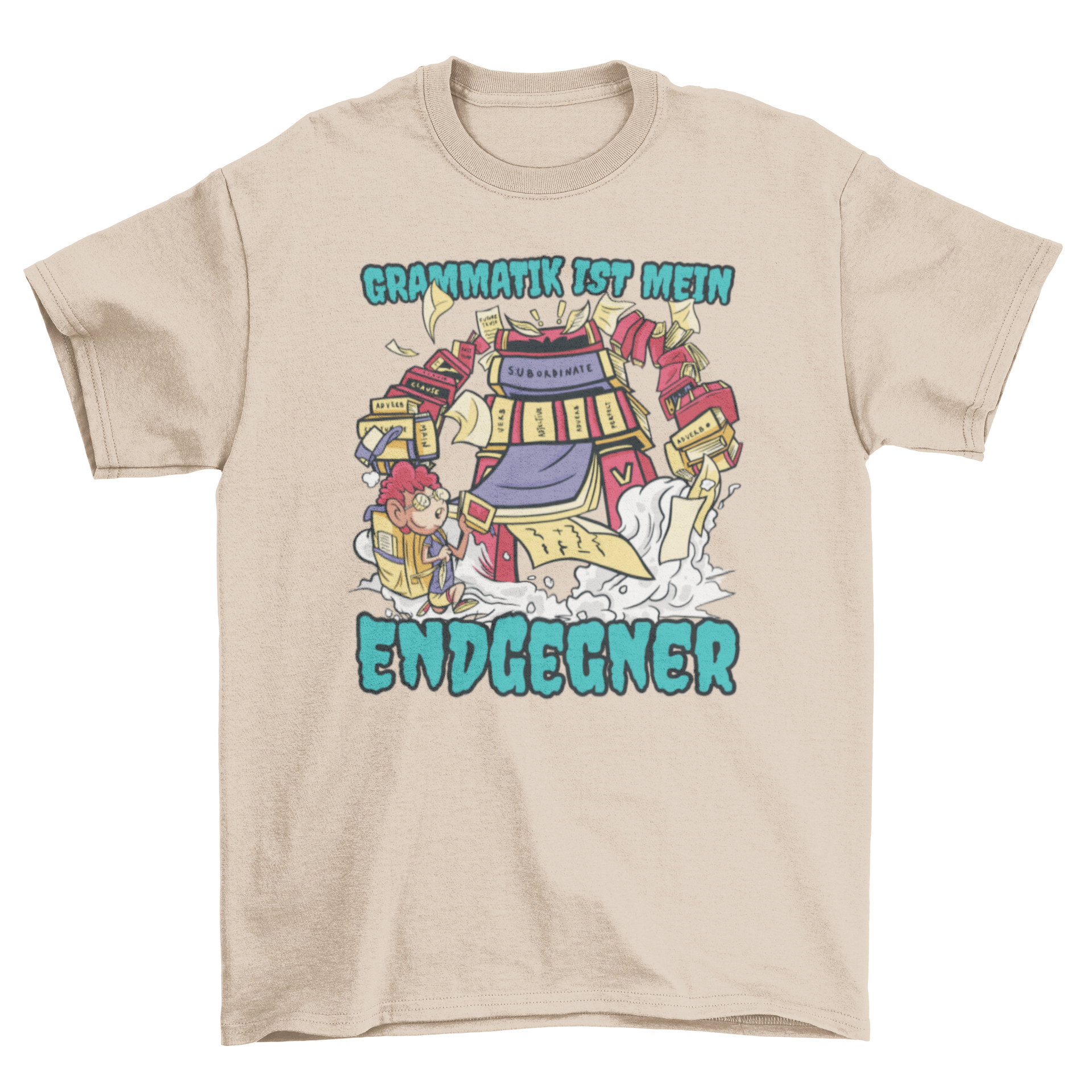 A colorful t-shirt featuring a playful monster surrounded by grammar items and a German quote about grammar.