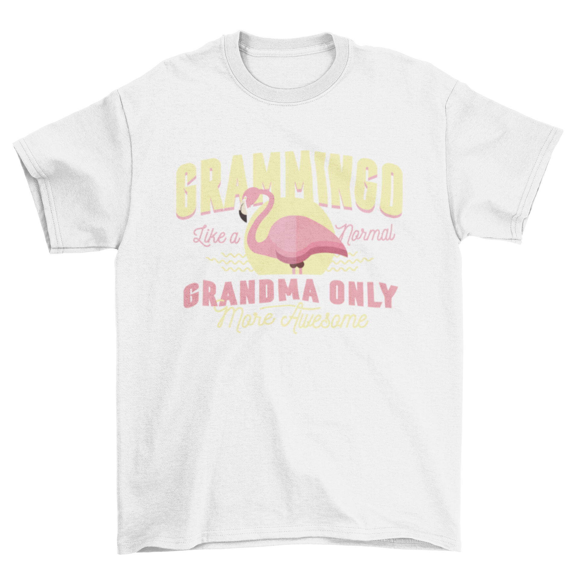 Grammingo t-shirt featuring a colorful flamingo and the quote 'Grammingo - like a normal grandma only more awesome'.