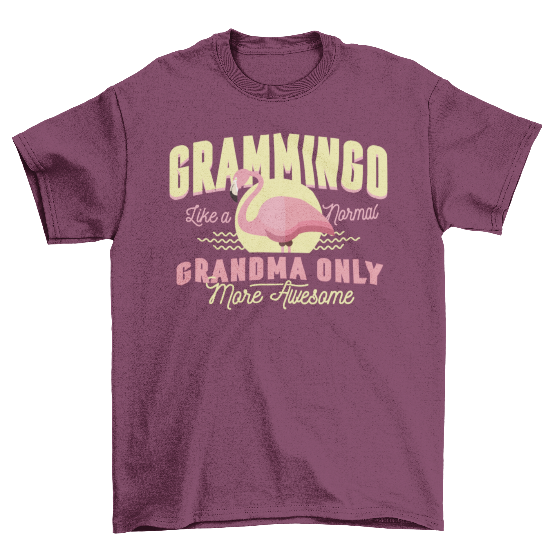 Grammingo t-shirt featuring a colorful flamingo and the quote 'Grammingo - like a normal grandma only more awesome'.