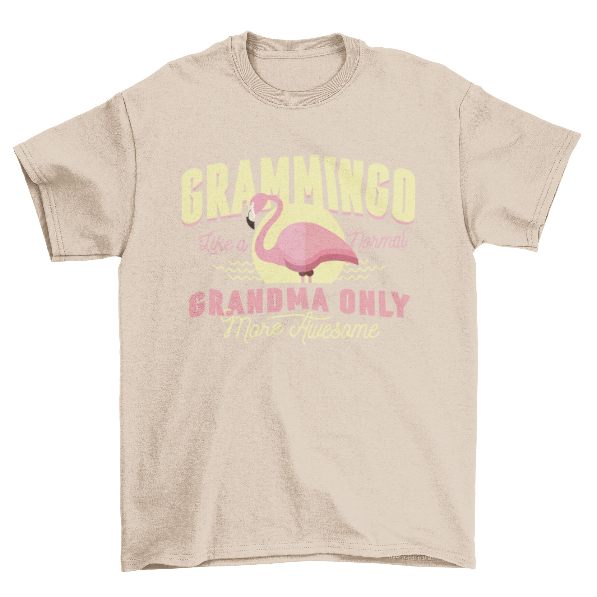 Grammingo t-shirt featuring a colorful flamingo and the quote 'Grammingo - like a normal grandma only more awesome'.