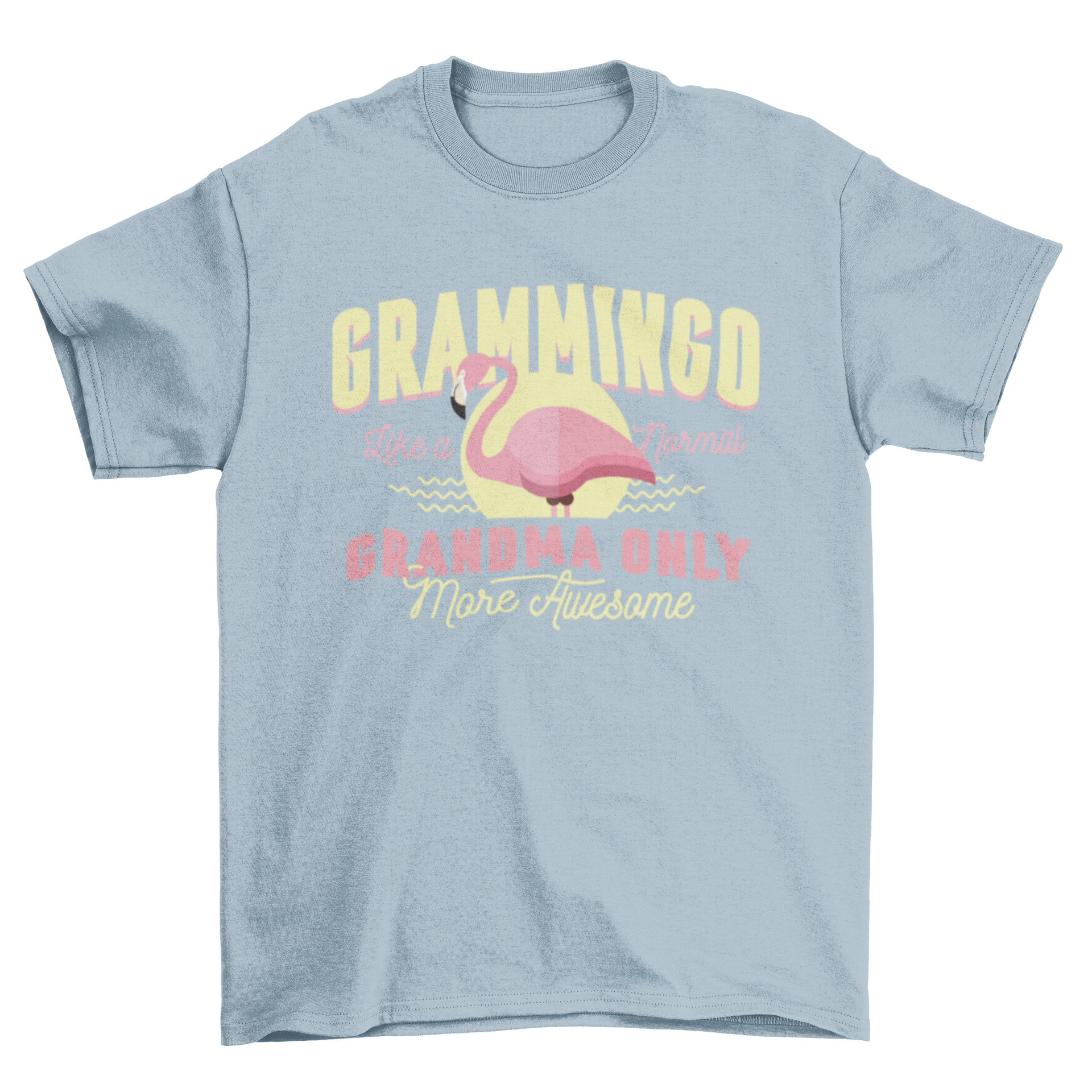 Grammingo t-shirt featuring a colorful flamingo and the quote 'Grammingo - like a normal grandma only more awesome'.