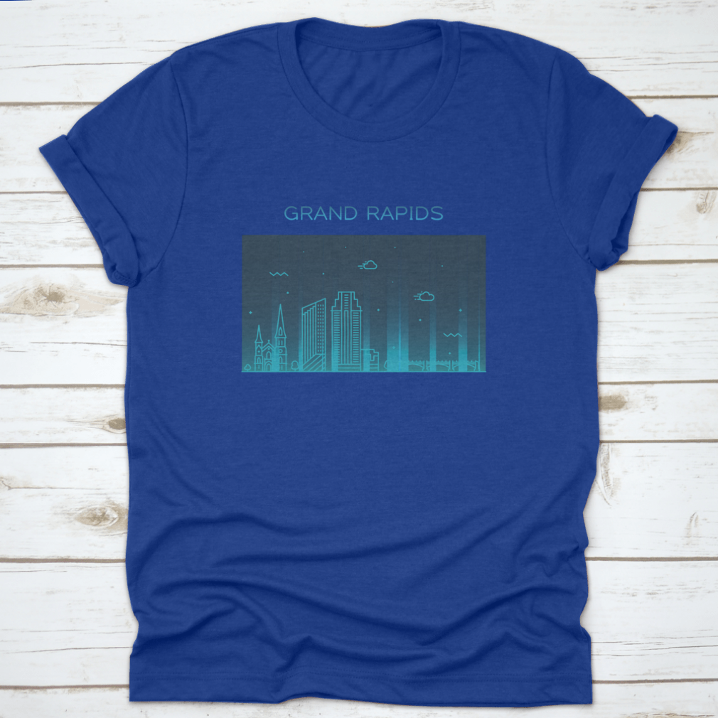 Trendy vector illustration of the Grand Rapids skyline on a comfortable cotton t-shirt, showcasing iconic buildings and a modern design.