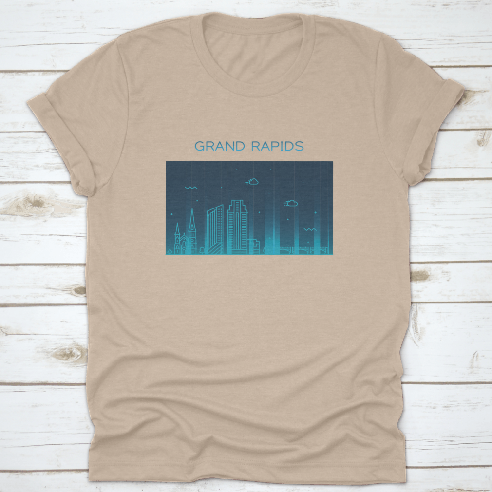 Trendy vector illustration of the Grand Rapids skyline on a comfortable cotton t-shirt, showcasing iconic buildings and a modern design.