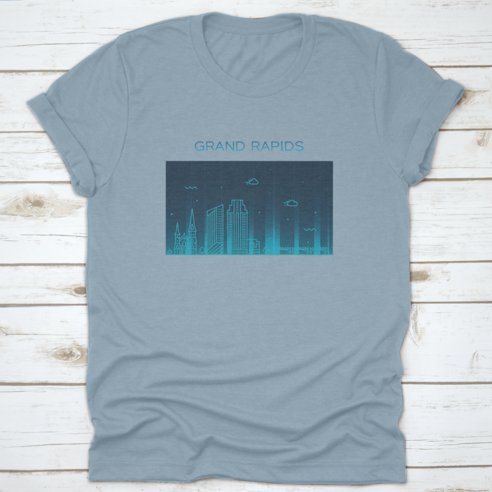 Trendy vector illustration of the Grand Rapids skyline on a comfortable cotton t-shirt, showcasing iconic buildings and a modern design.