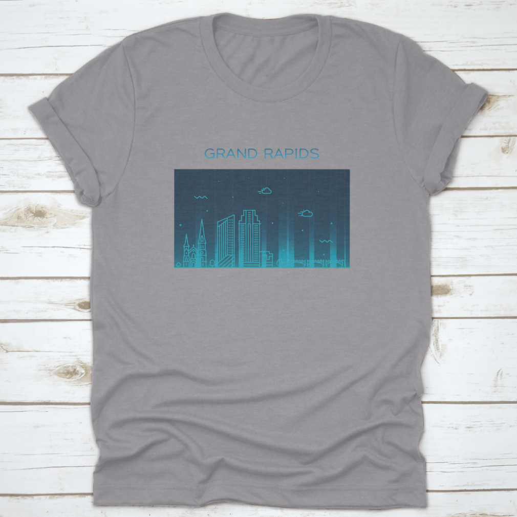 Trendy vector illustration of the Grand Rapids skyline on a comfortable cotton t-shirt, showcasing iconic buildings and a modern design.