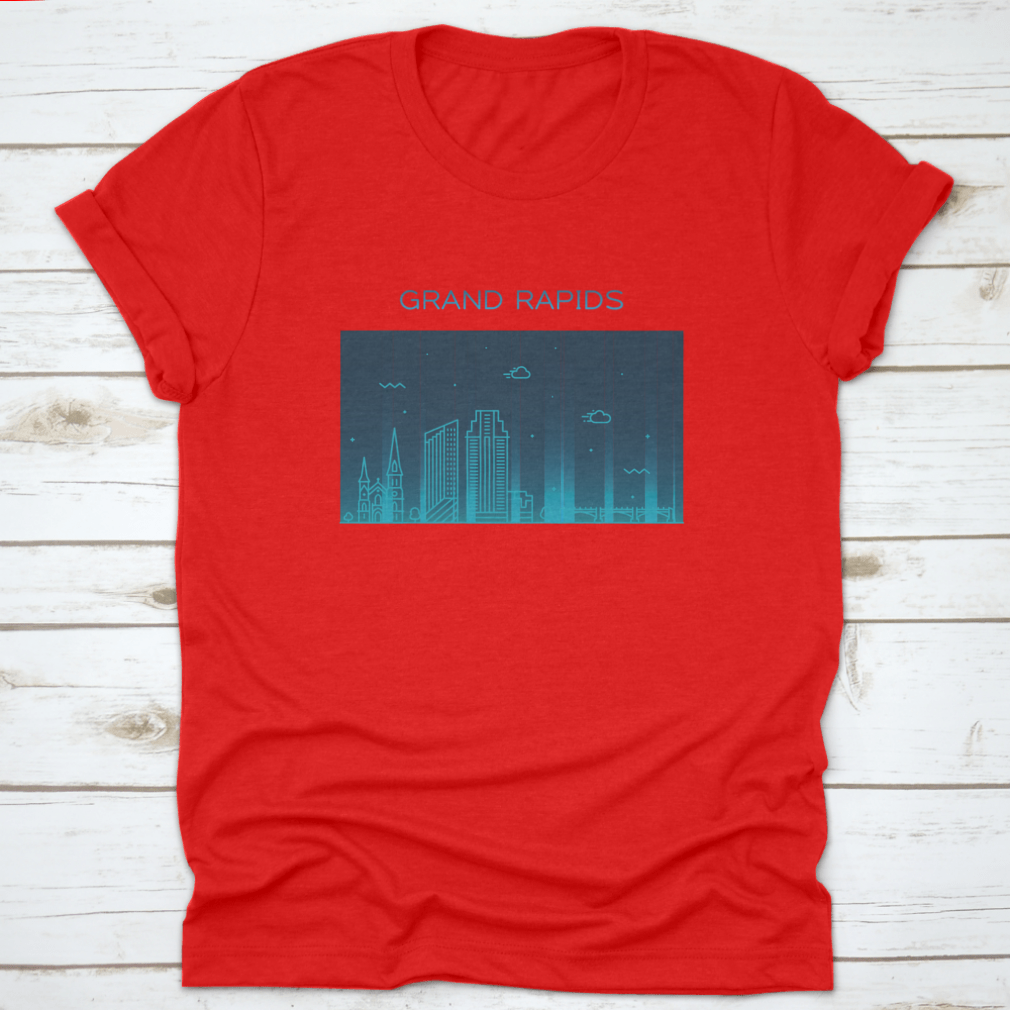 Trendy vector illustration of the Grand Rapids skyline on a comfortable cotton t-shirt, showcasing iconic buildings and a modern design.