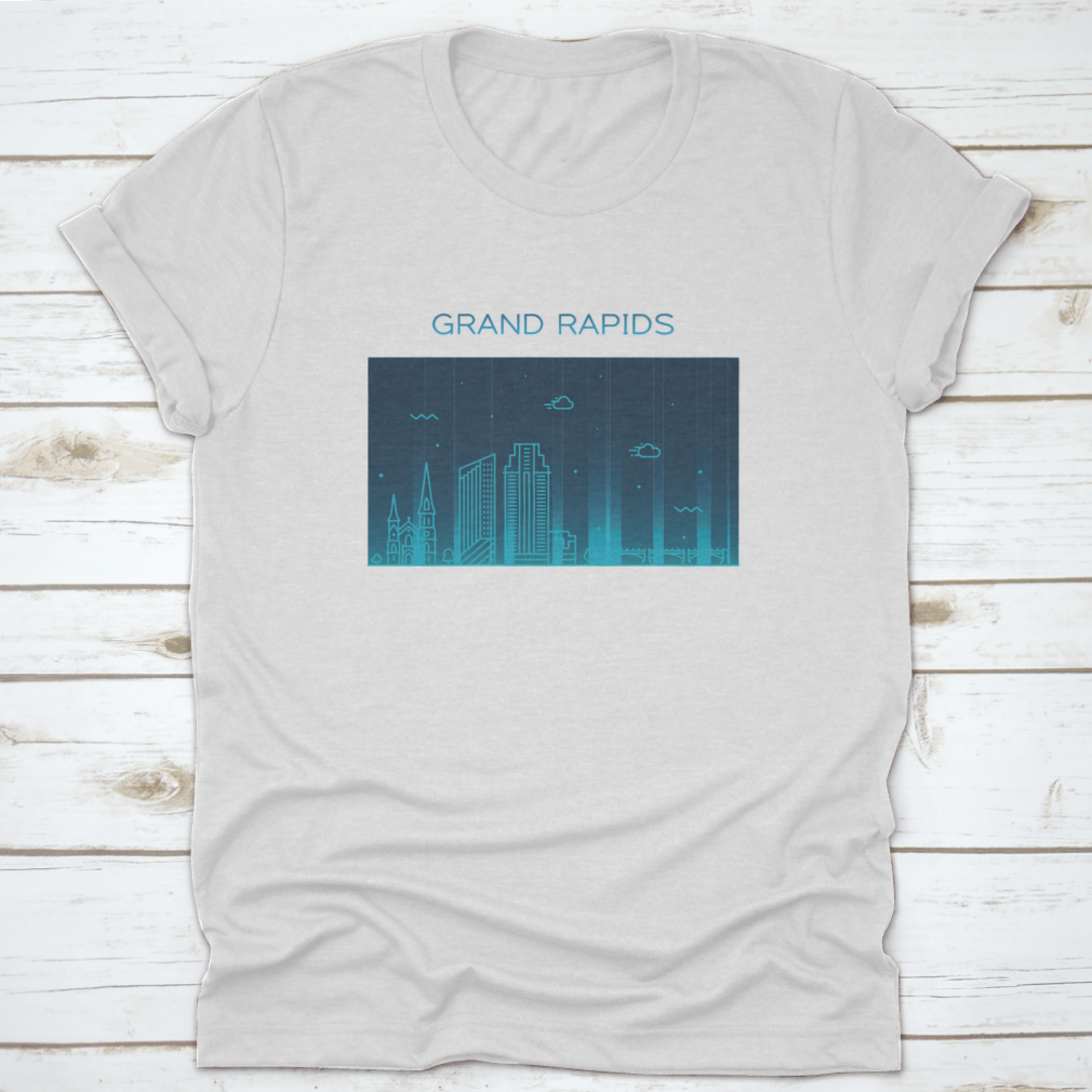 Trendy vector illustration of the Grand Rapids skyline on a comfortable cotton t-shirt, showcasing iconic buildings and a modern design.