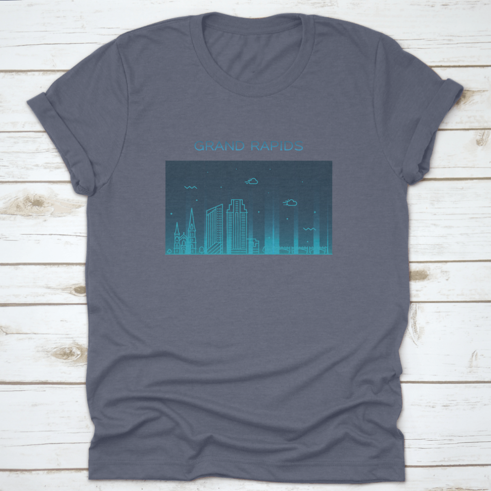 Trendy vector illustration of the Grand Rapids skyline on a comfortable cotton t-shirt, showcasing iconic buildings and a modern design.