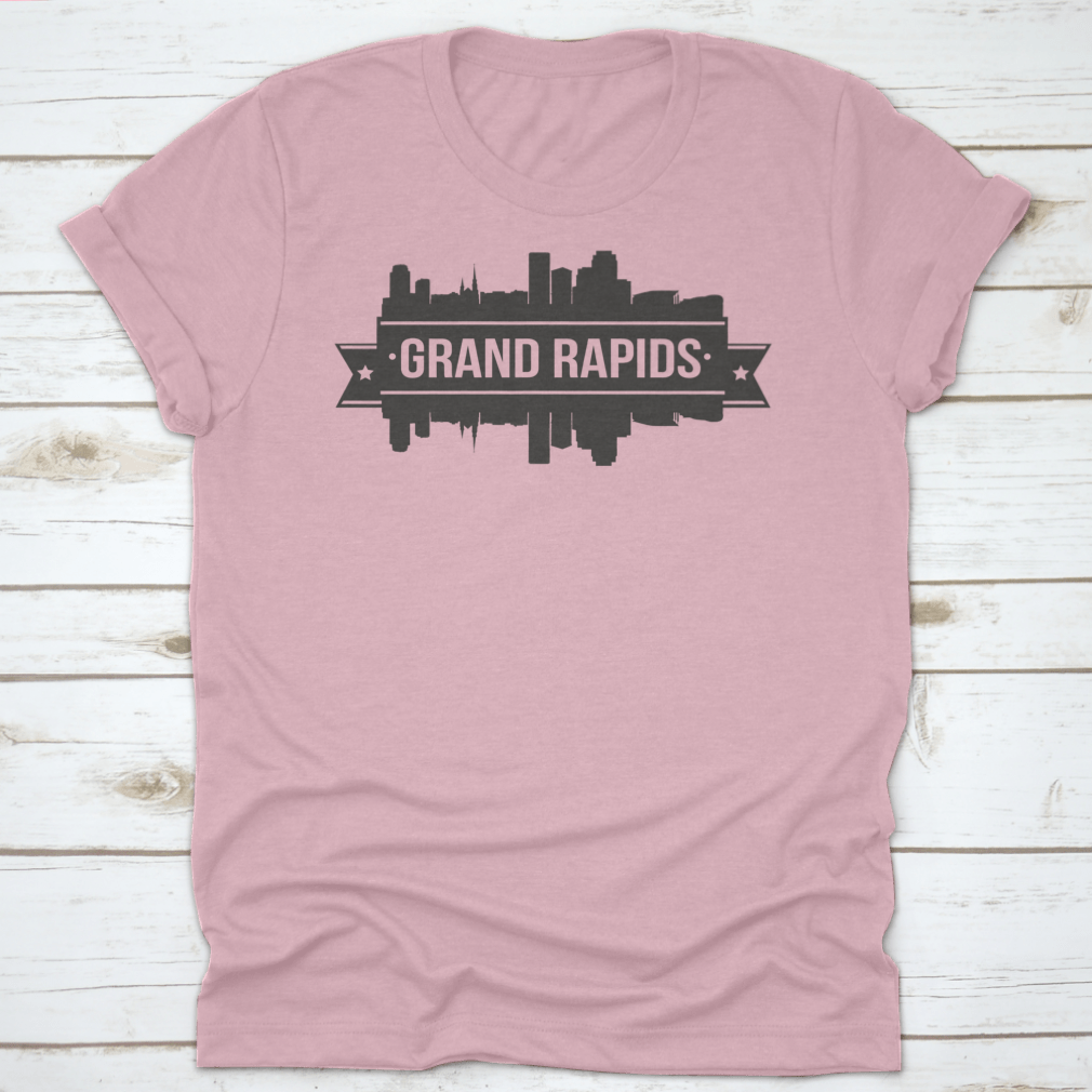 A stylish t-shirt featuring the Grand Rapids skyline silhouette design, showcasing the city's iconic buildings in a modern stamp style.