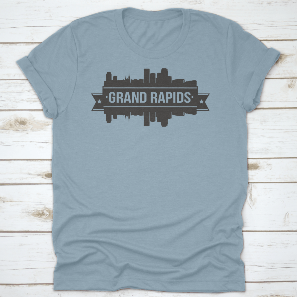 A stylish t-shirt featuring the Grand Rapids skyline silhouette design, showcasing the city's iconic buildings in a modern stamp style.